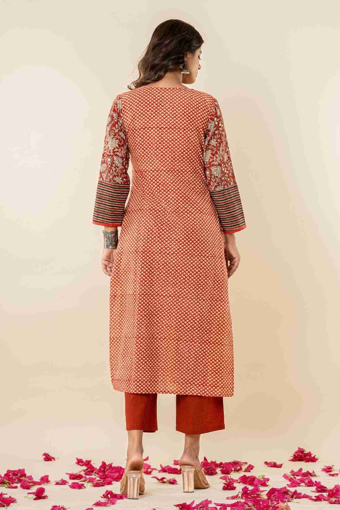 Rust Cotton Straight Kurta Set with Patchwork Sleeves
