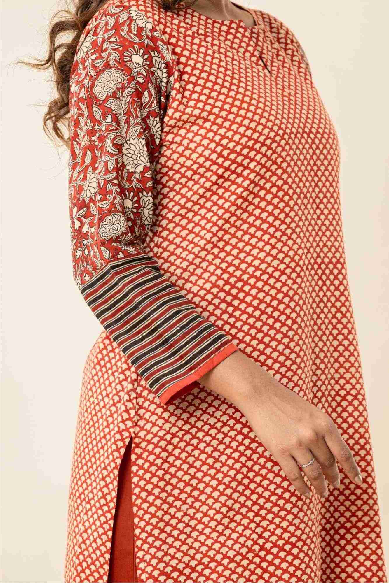 Rust Cotton Straight Kurta Set with Patchwork Sleeves