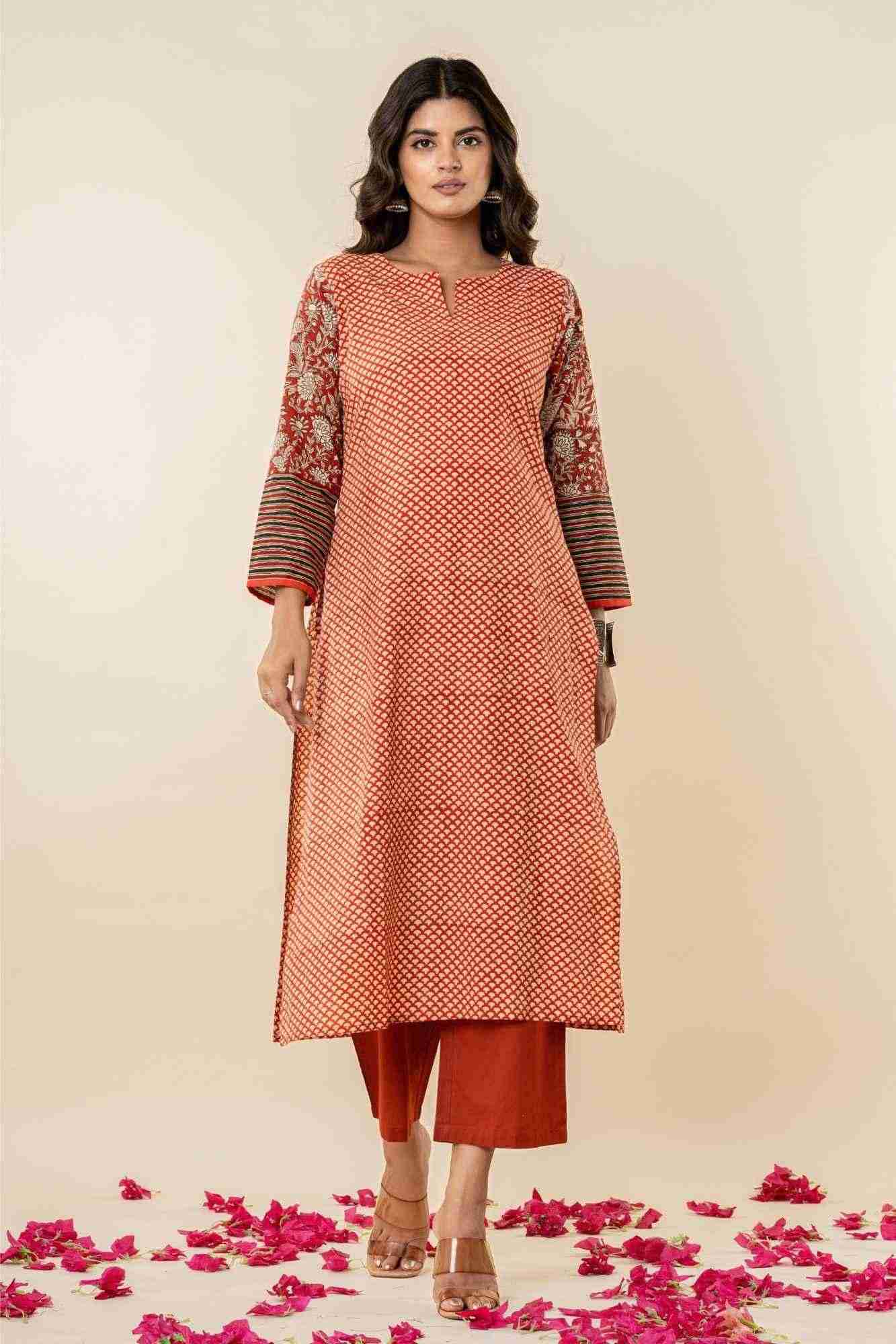 Rust Cotton Straight Kurta Set with Patchwork Sleeves