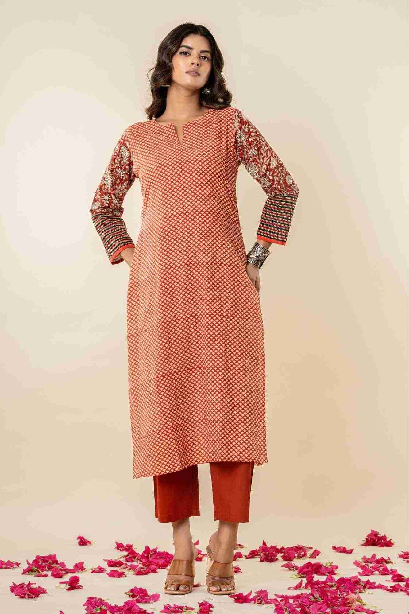 Rust Cotton Straight Kurta Set with Patchwork Sleeves