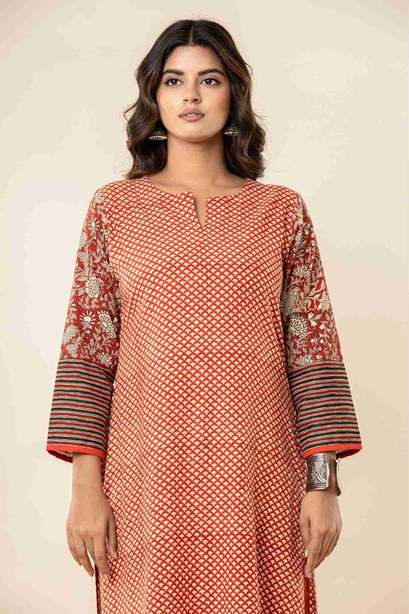Rust Cotton Straight Kurta Set with Patchwork Sleeves