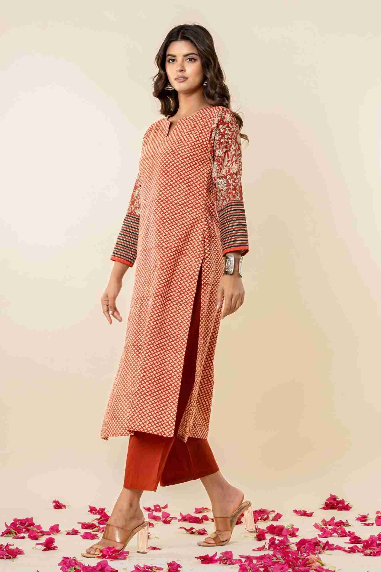 Rust Cotton Straight Kurta Set with Patchwork Sleeves