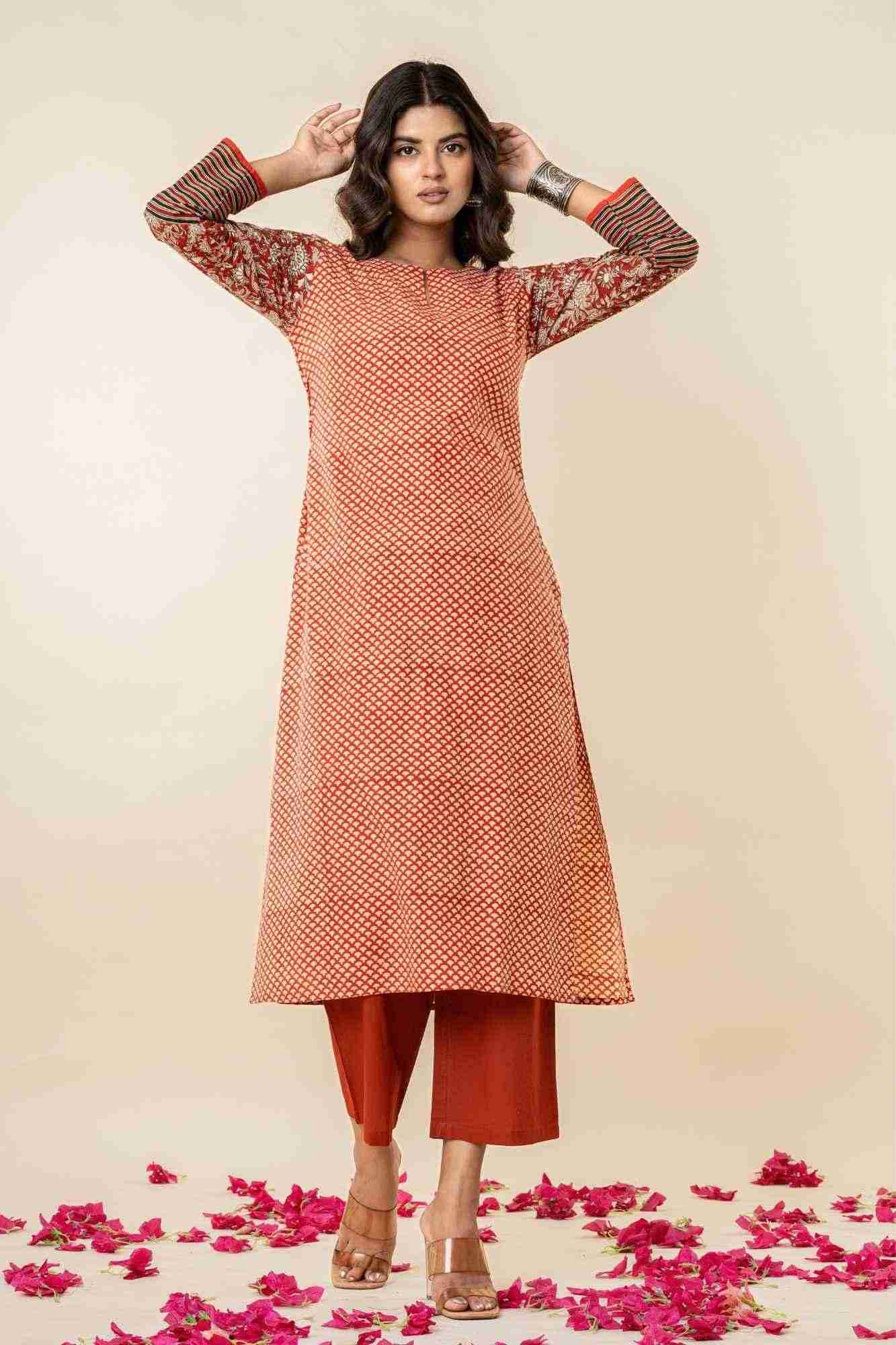 Rust Cotton Straight Kurta Set with Patchwork Sleeves