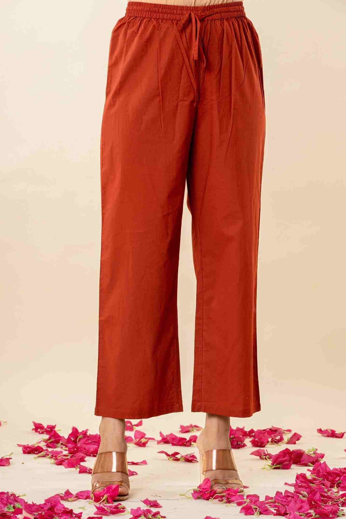 Rust Cotton Straight Kurta Set with Patchwork Sleeves
