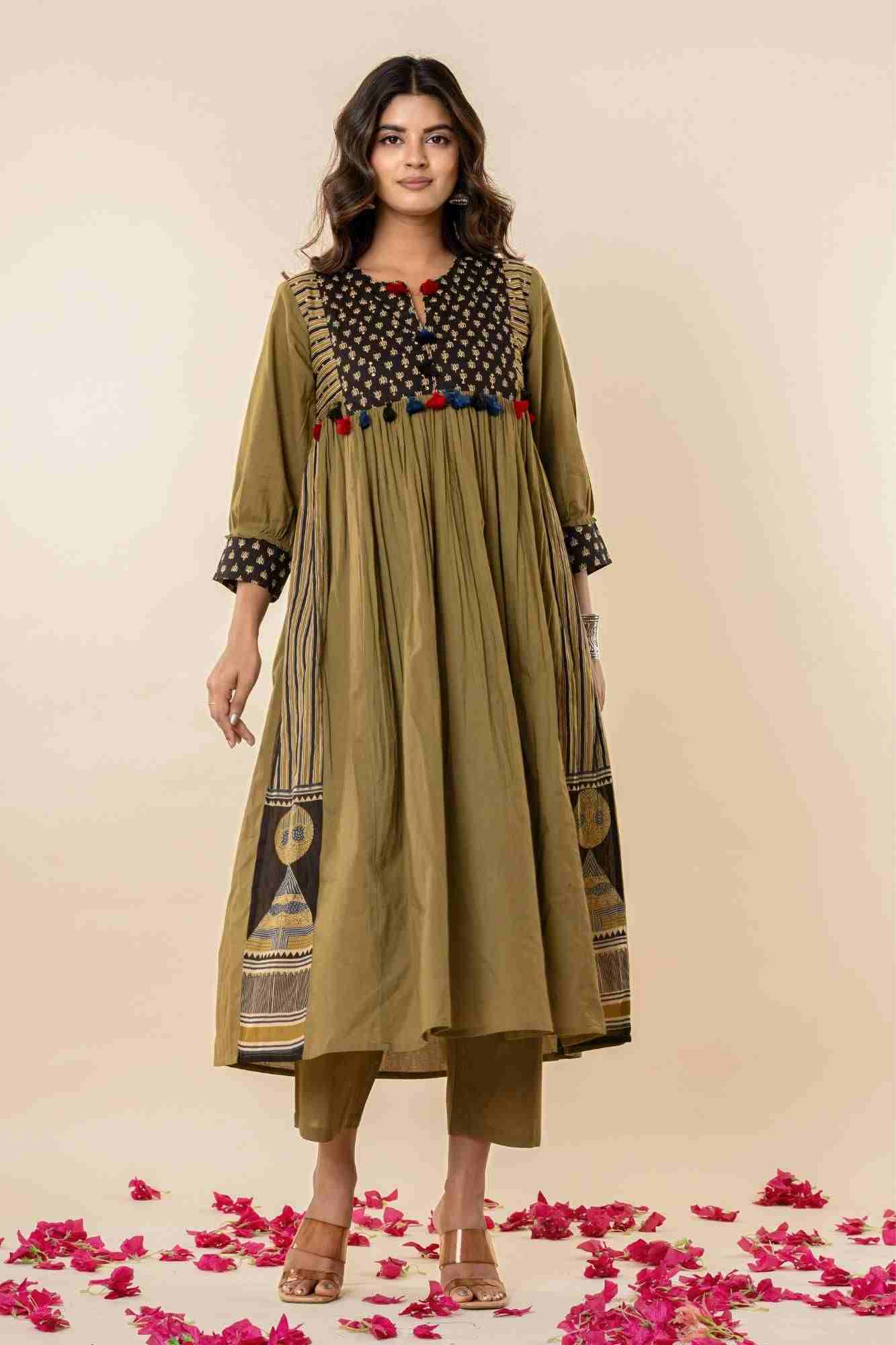Olive Gathered Kurta Set with Tassels