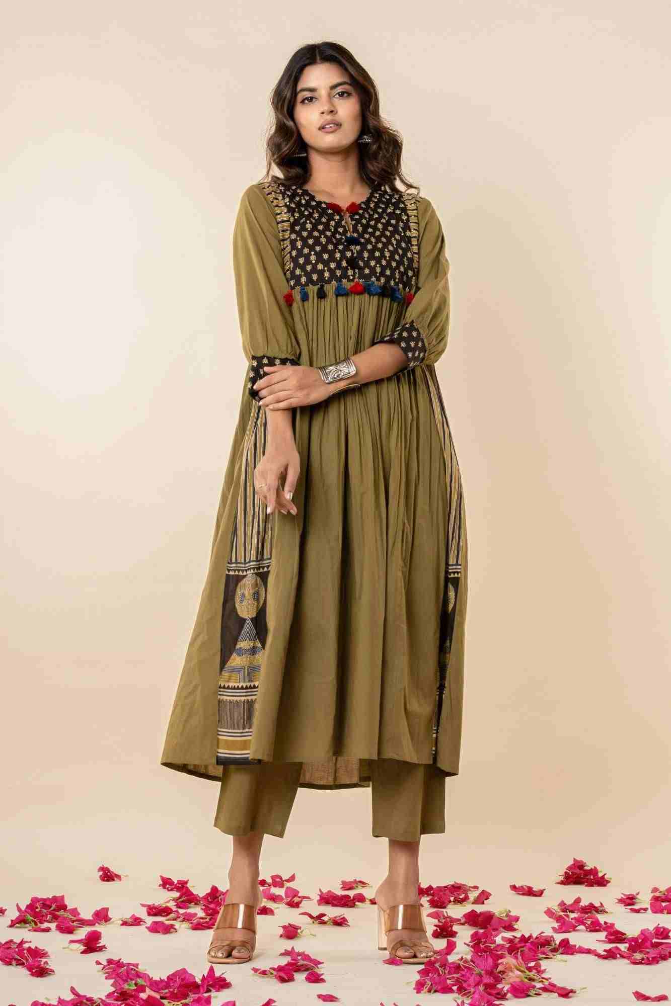 Olive Gathered Kurta Set with Tassels