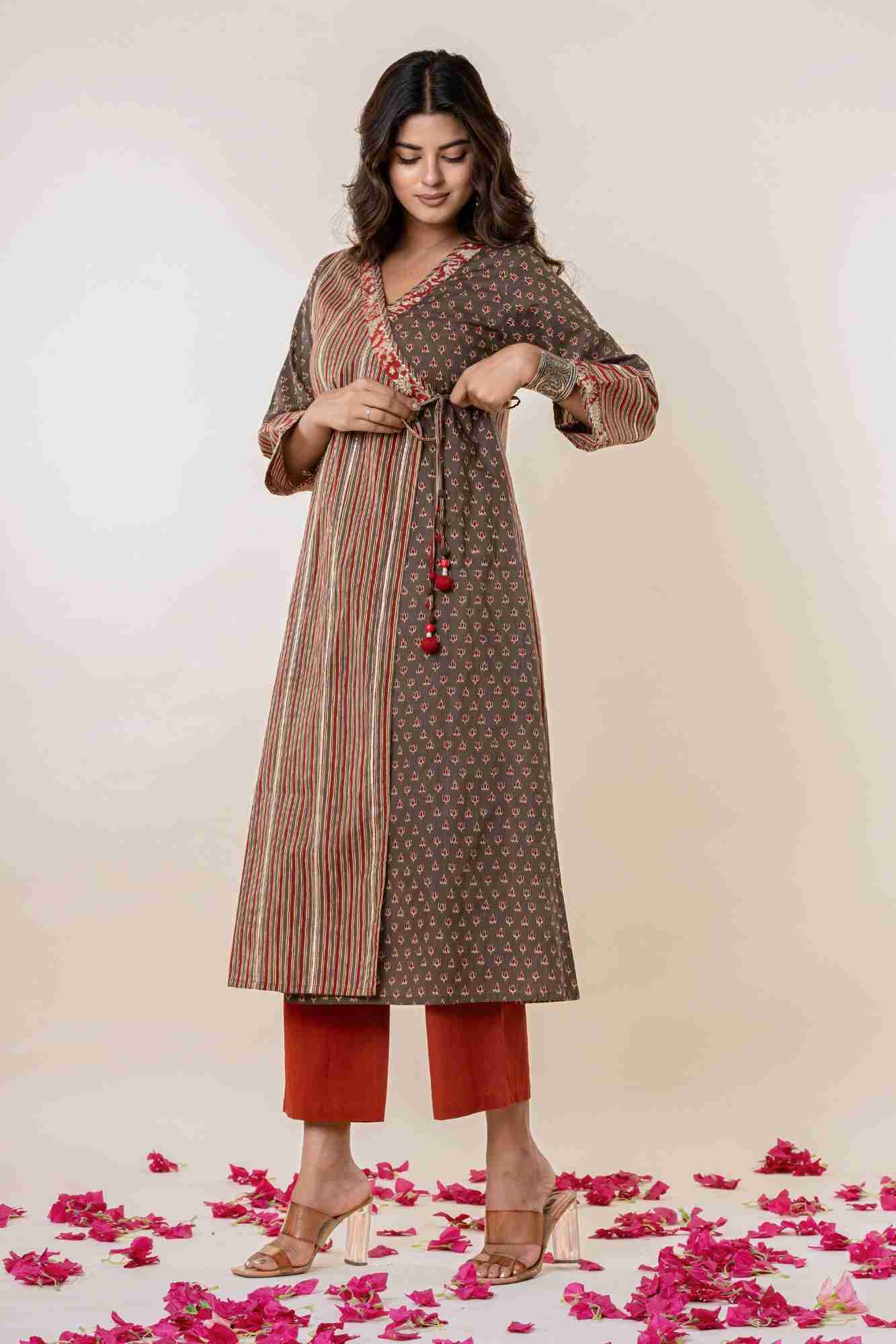 Angrakha Cotton Printed Kurta And Pants Set