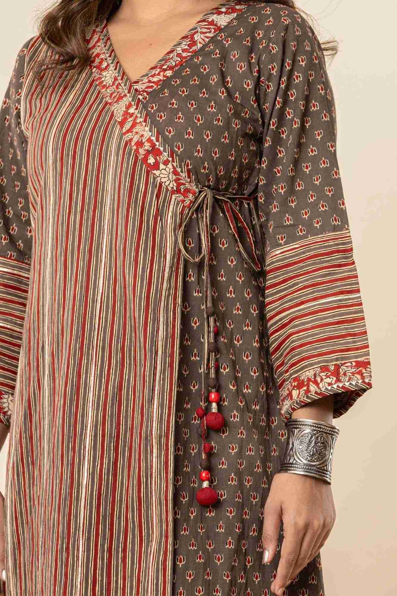 Angrakha Cotton Printed Kurta And Pants Set