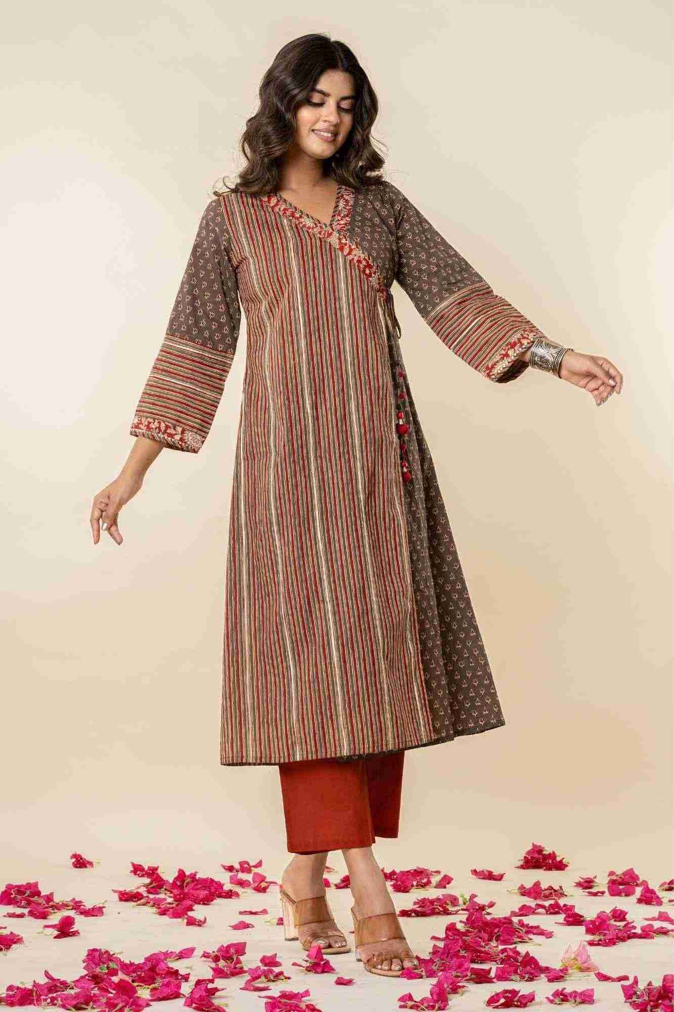 Angrakha Cotton Printed Kurta And Pants Set
