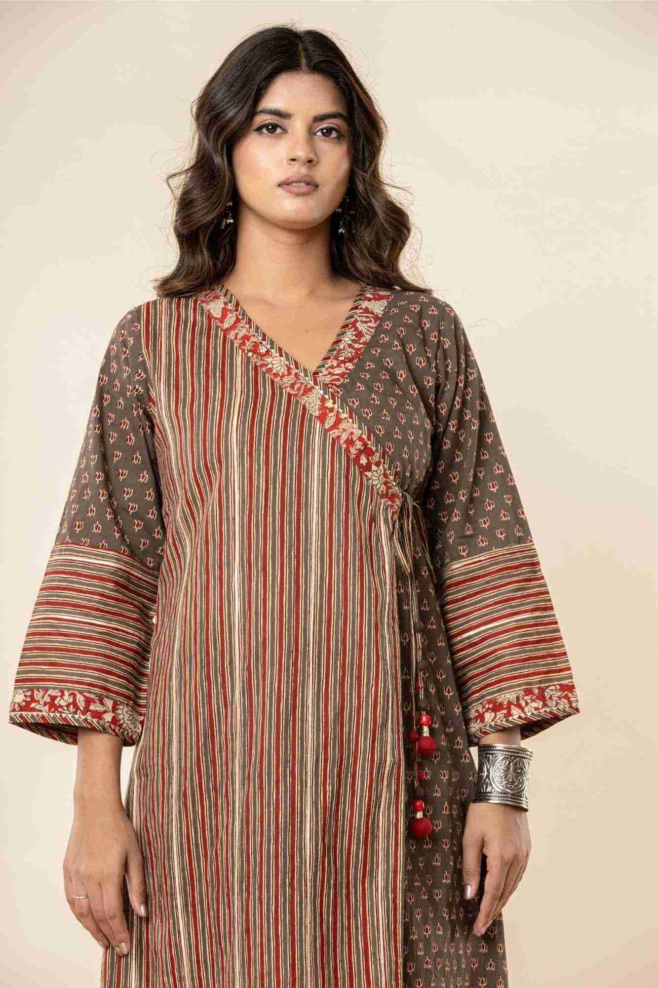 Angrakha Cotton Printed Kurta And Pants Set