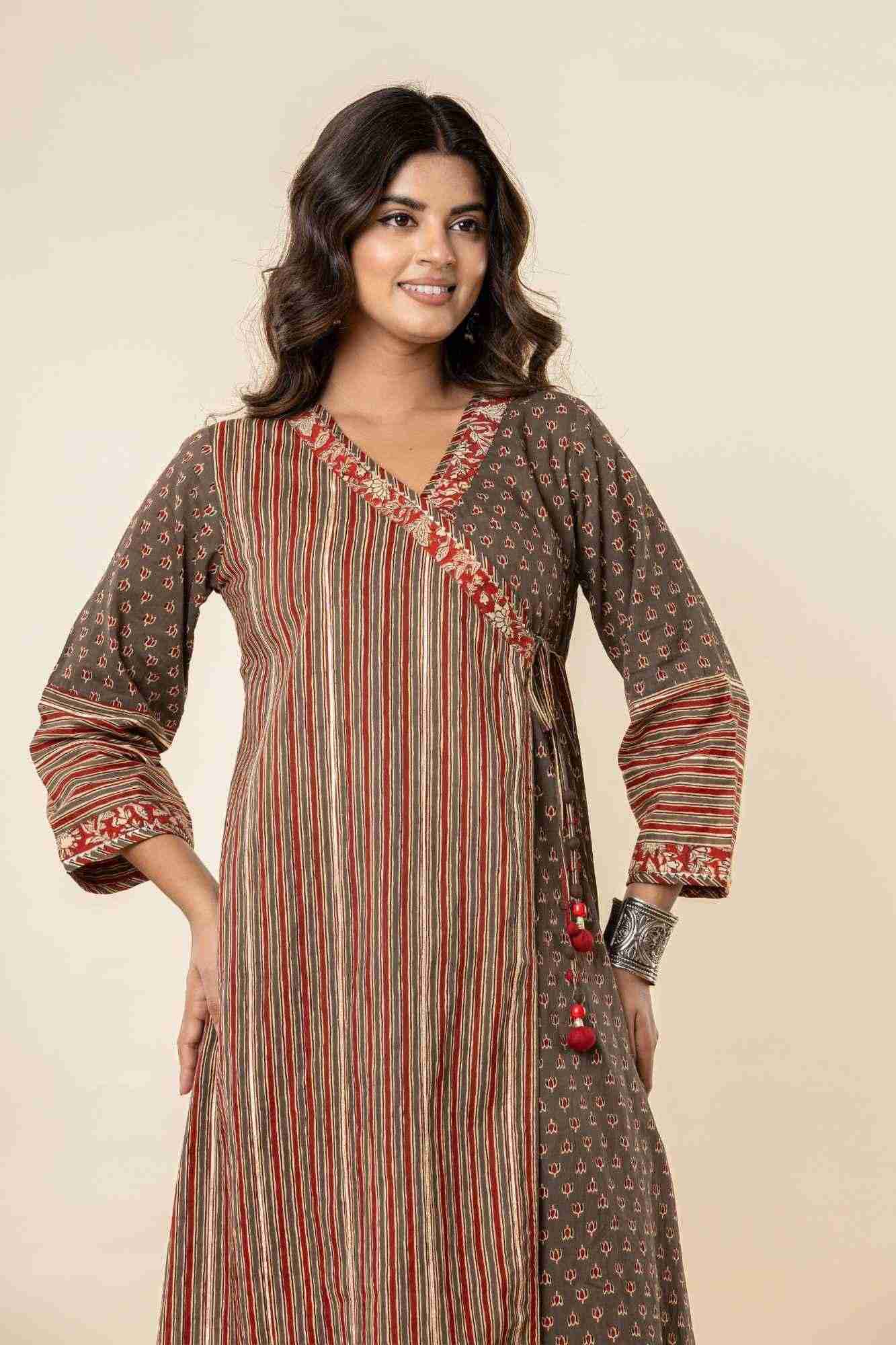 Angrakha Cotton Printed Kurta And Pants Set