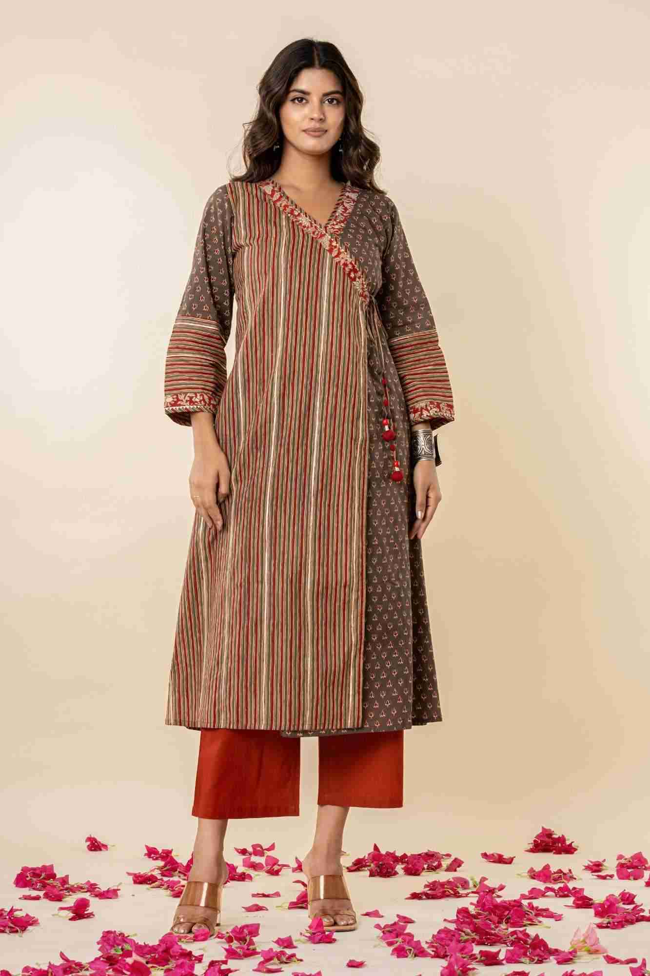 Angrakha Cotton Printed Kurta And Pants Set