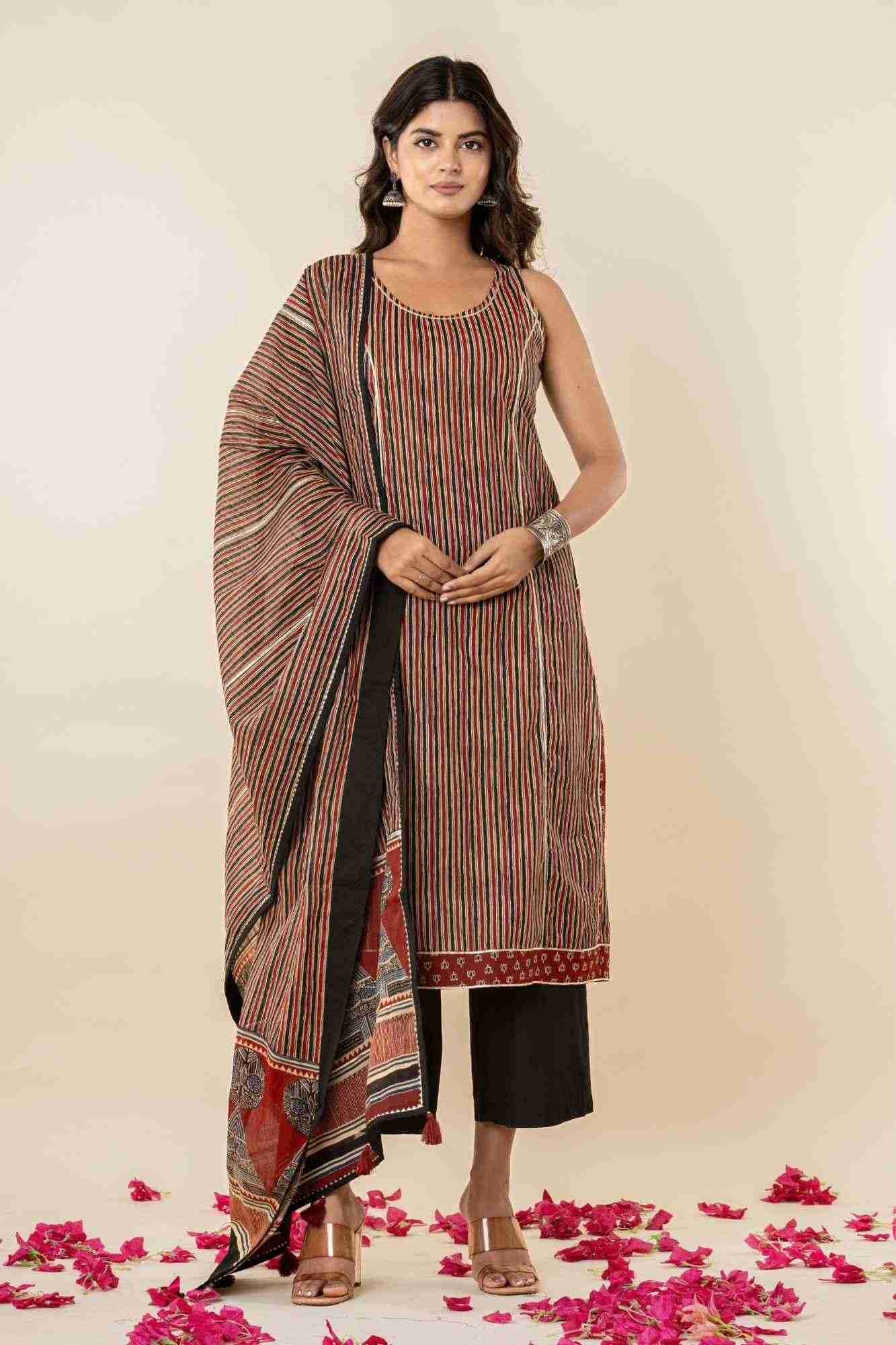 Striped Cotton Sleeveless Kurta Pants with Dupatta