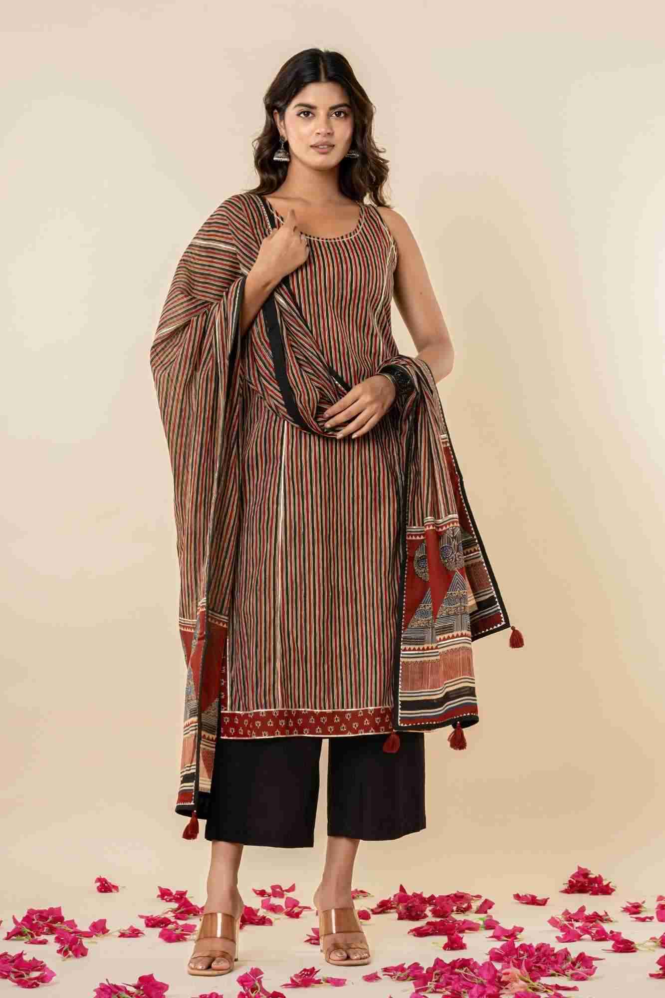 Striped Cotton Sleeveless Kurta Pants with Dupatta