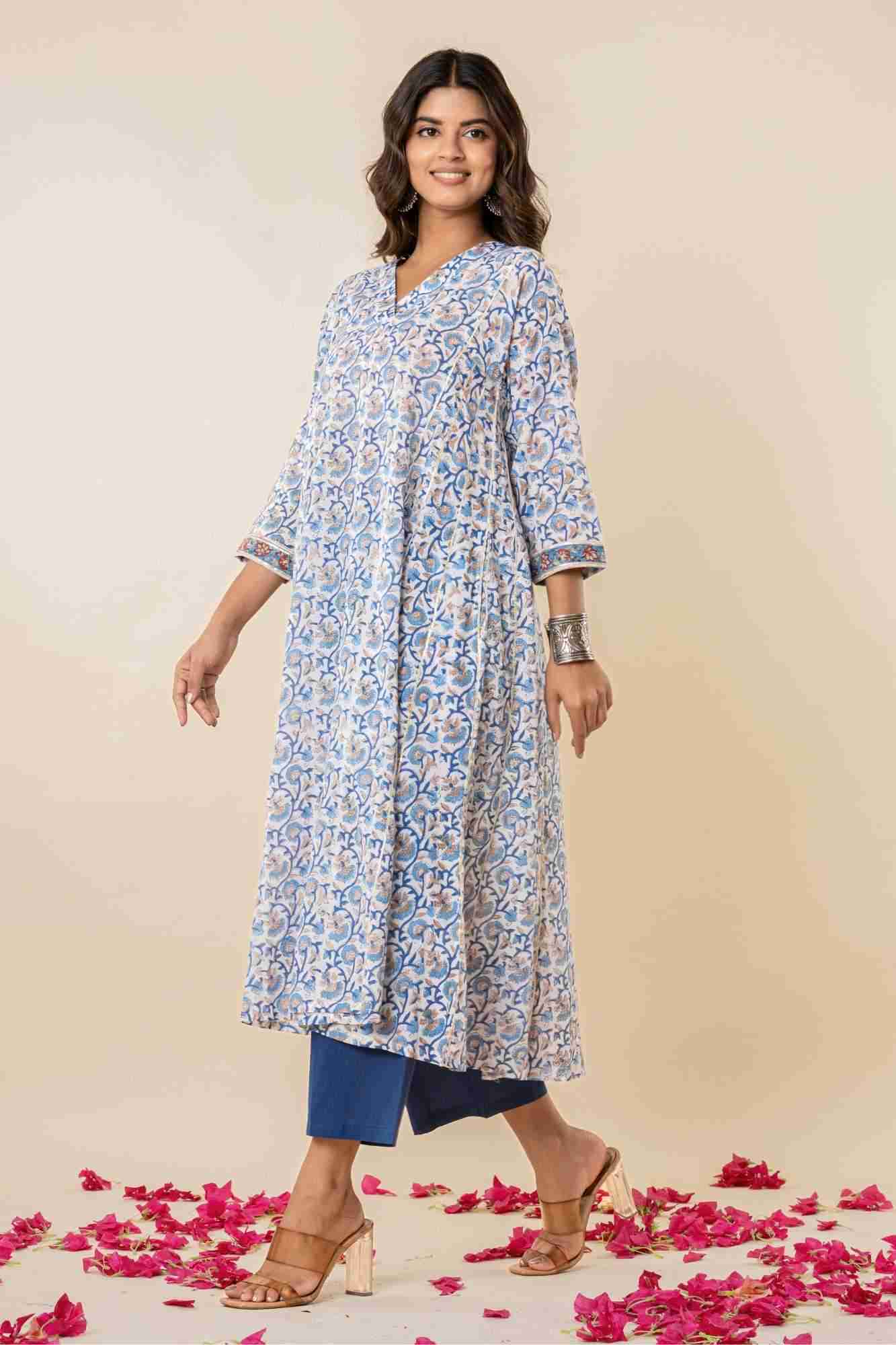 Blue Floral Block Print Mul Mul Kurta with Pants