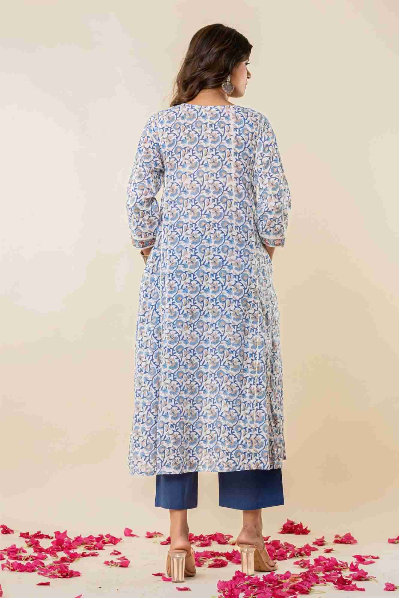 Blue Floral Block Print Mul Mul Kurta with Pants