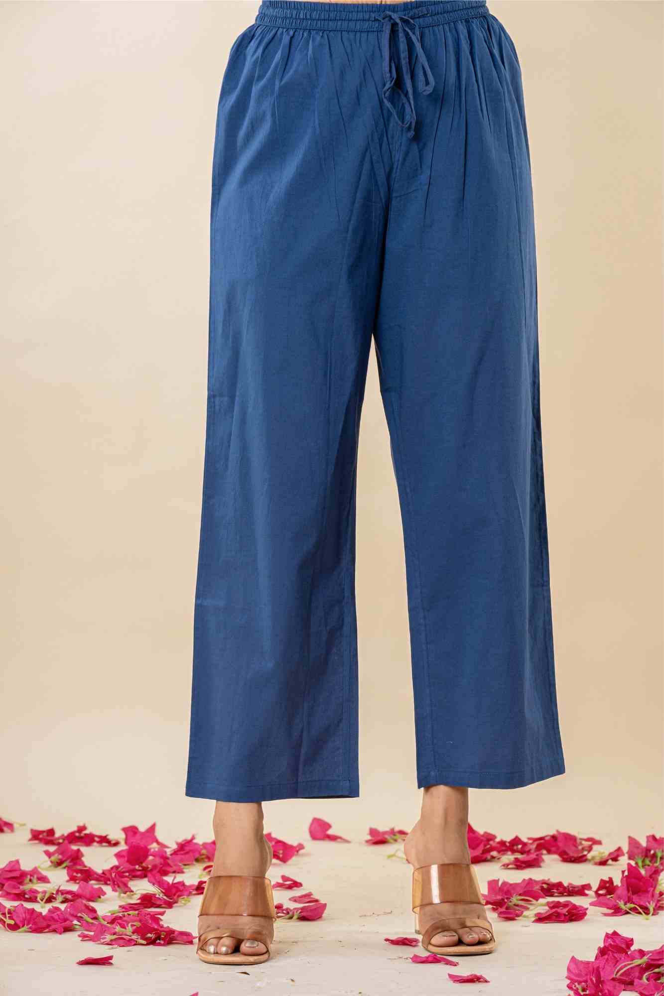 Blue Floral Block Print Mul Mul Kurta with Pants
