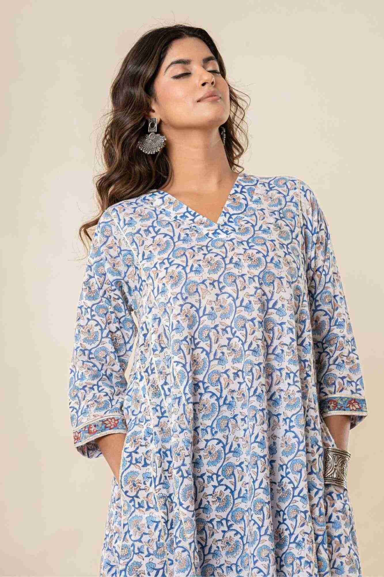 Blue Floral Block Print Mul Mul Kurta with Pants