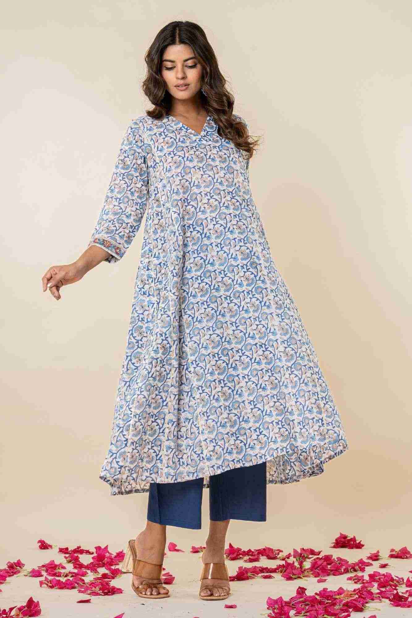 Blue Floral Block Print Mul Mul Kurta with Pants