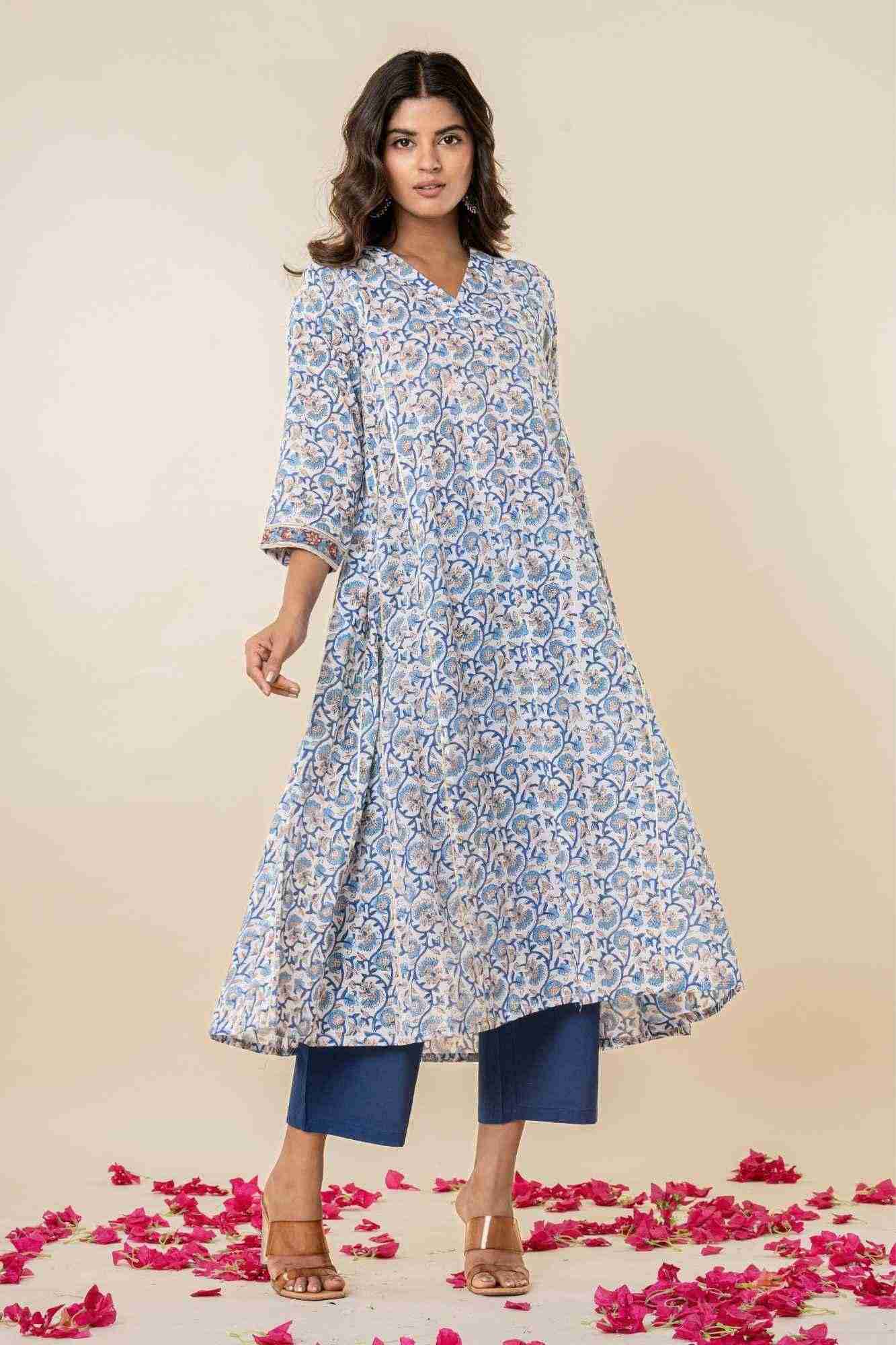 Blue Floral Block Print Mul Mul Kurta with Pants