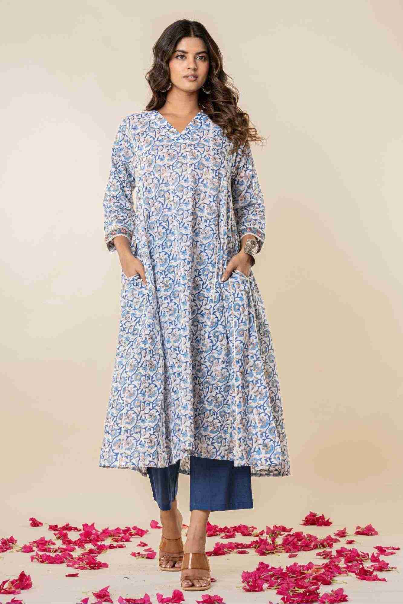 Blue Floral Block Print Mul Mul Kurta with Pants
