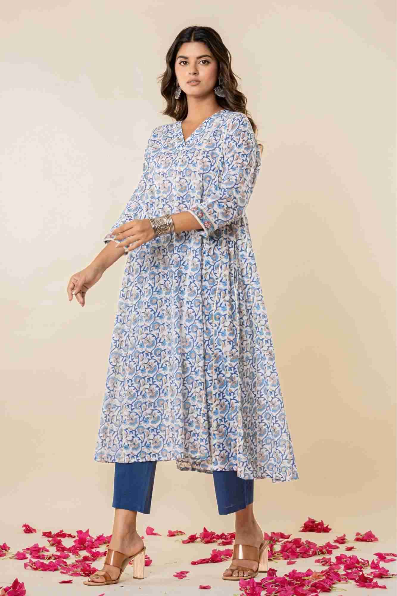 Blue Floral Block Print Mul Mul Kurta with Pants