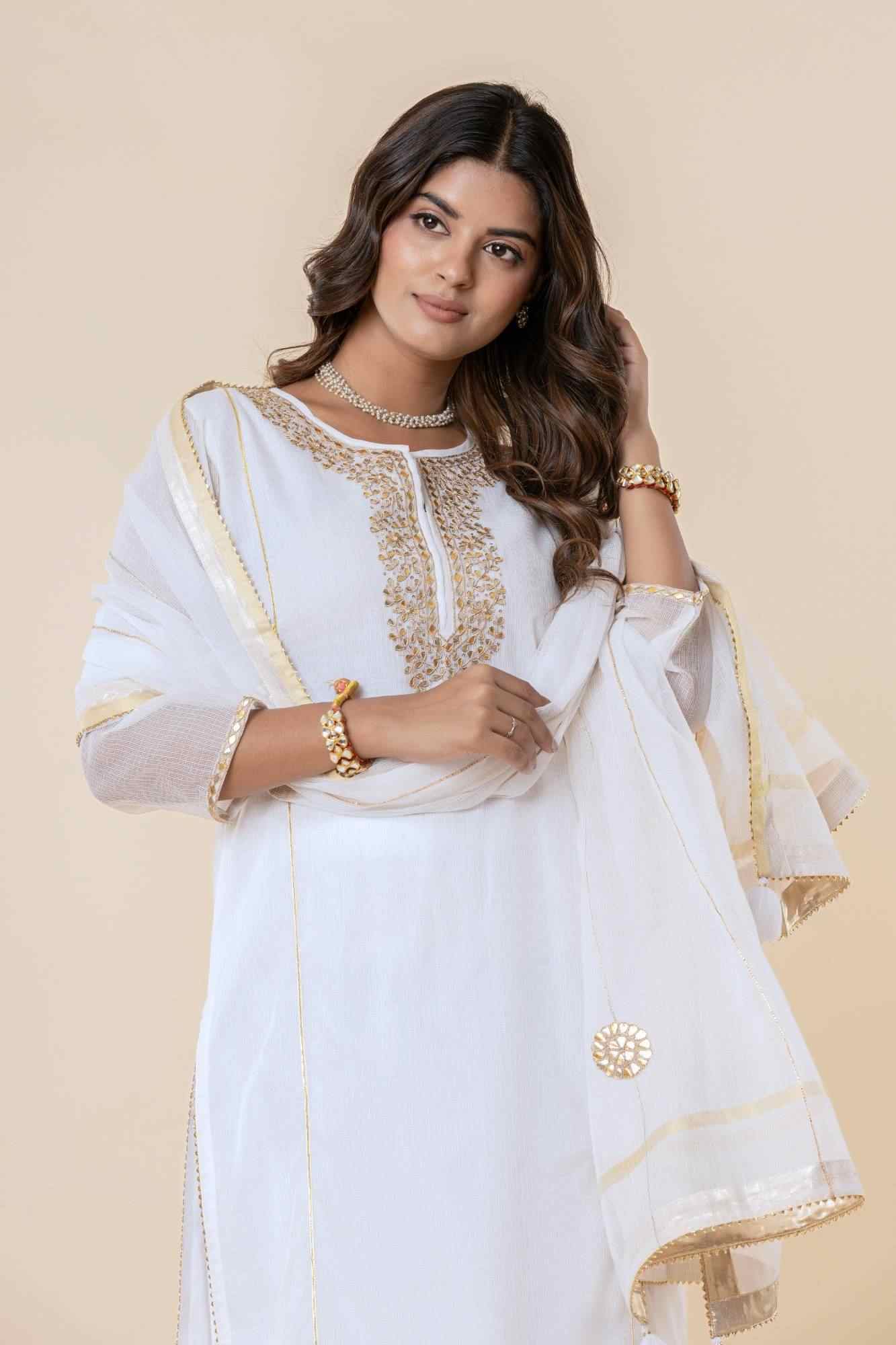 White Kota Doria Gota Patti Kurta Set