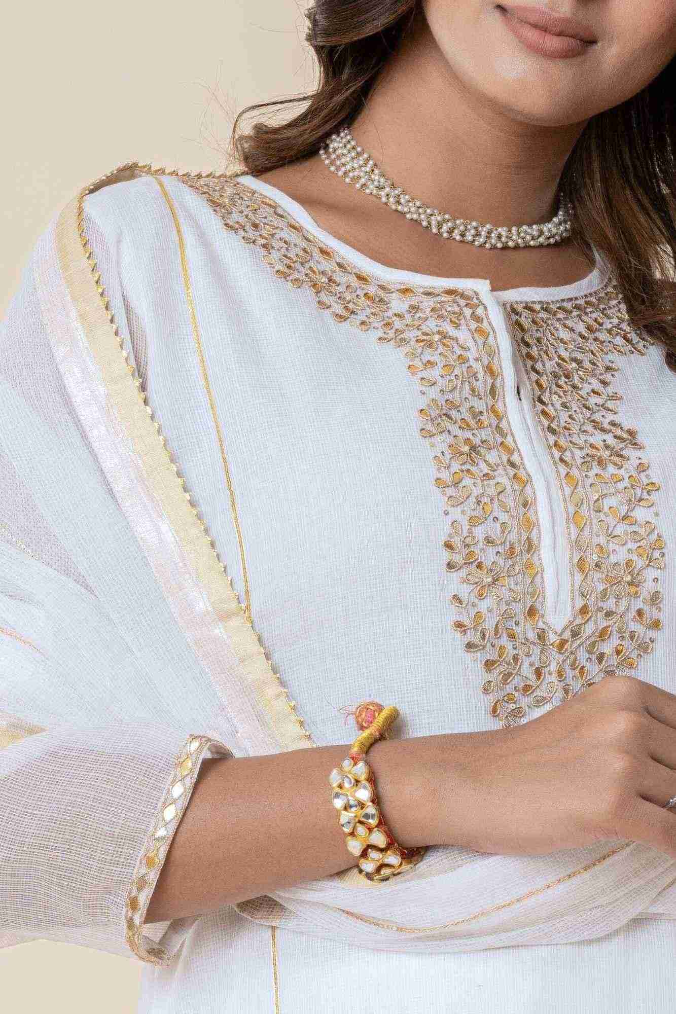 White Kota Doria Gota Patti Kurta Set