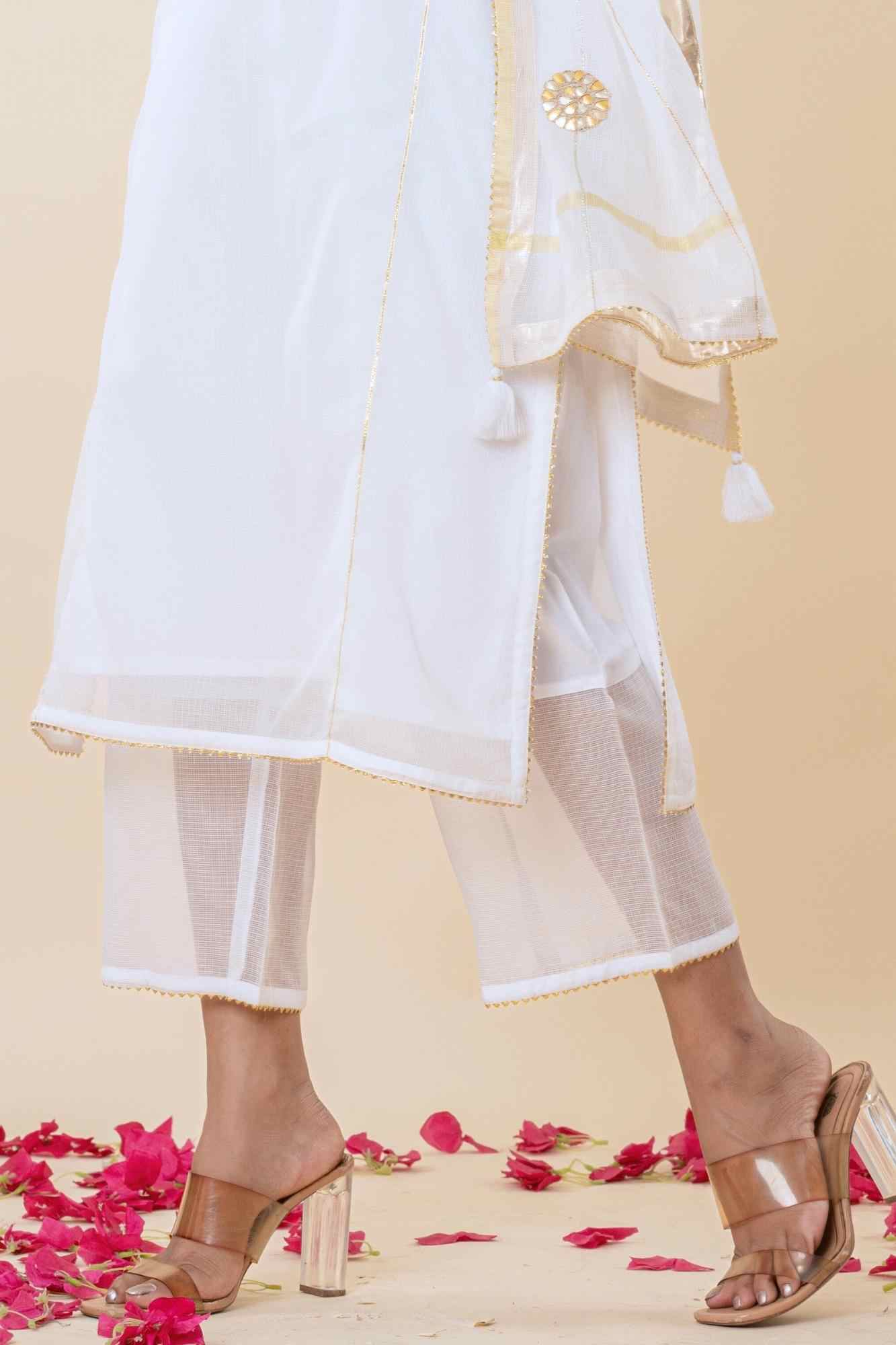 White Kota Doria Gota Patti Kurta Set
