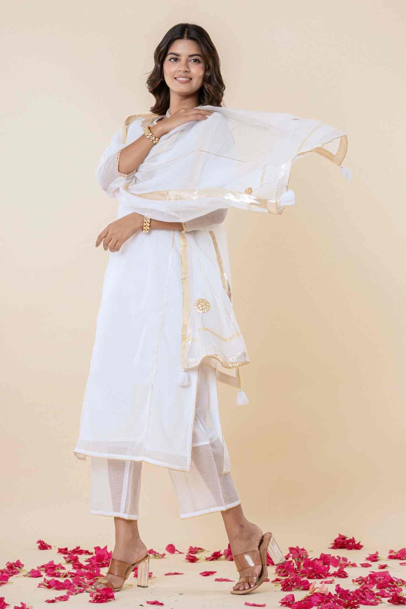 White Kota Doria Gota Patti Kurta Set