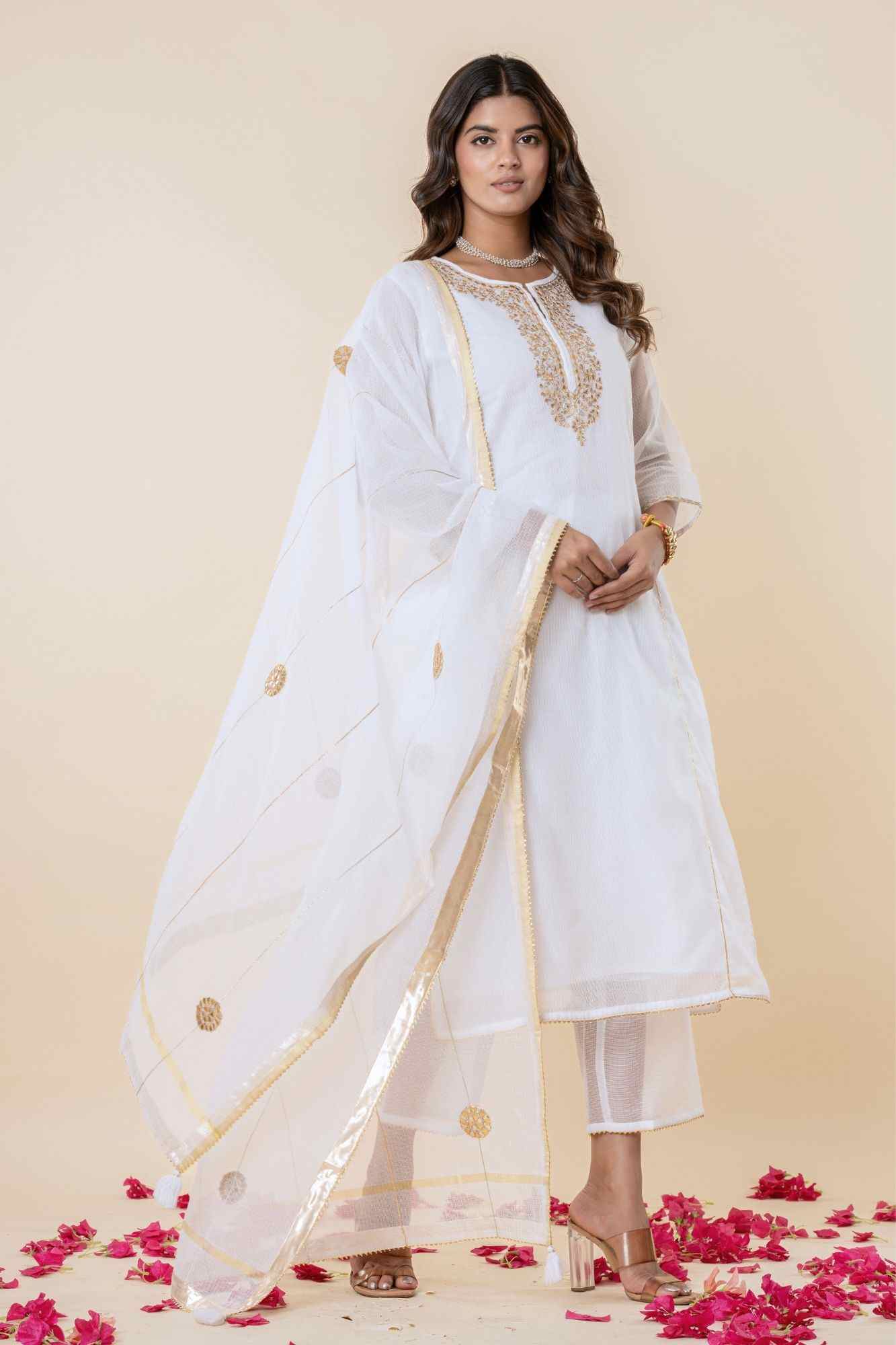 White Kota Doria Gota Patti Kurta Set
