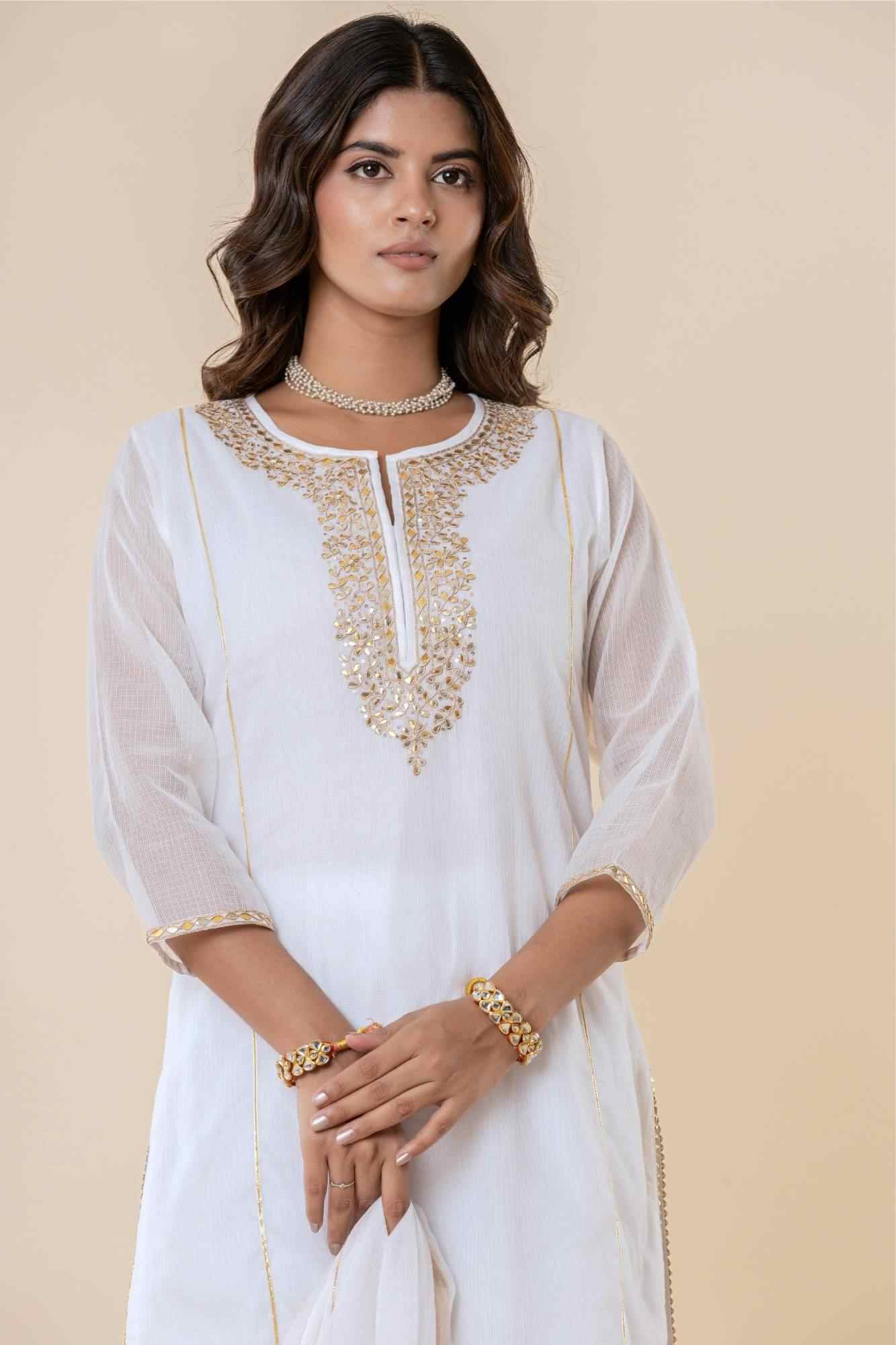 White Kota Doria Gota Patti Kurta Set