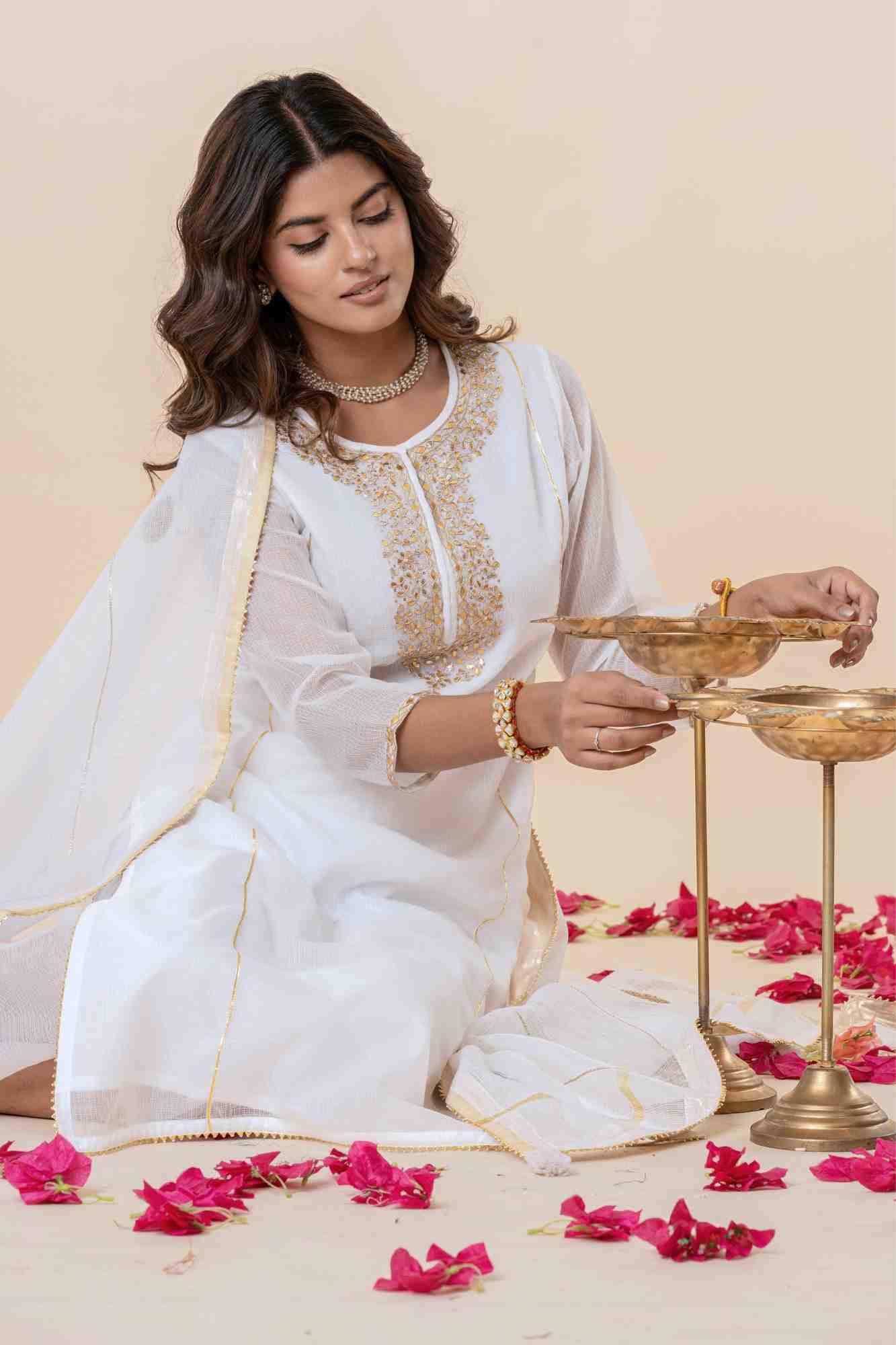 White Kota Doria Gota Patti Kurta Set