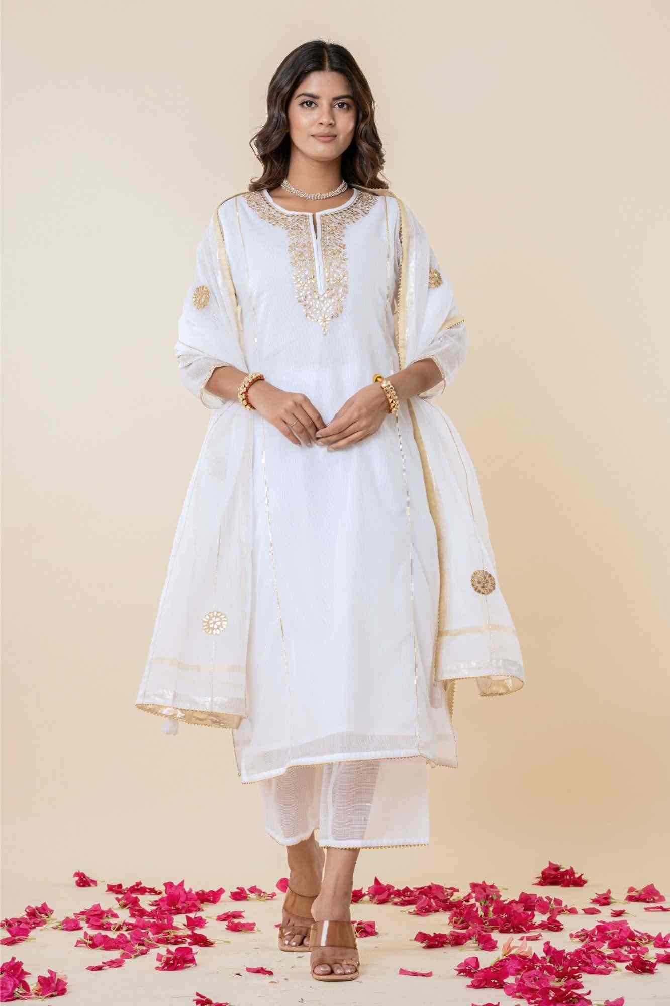 White Kota Doria Gota Patti Kurta Set