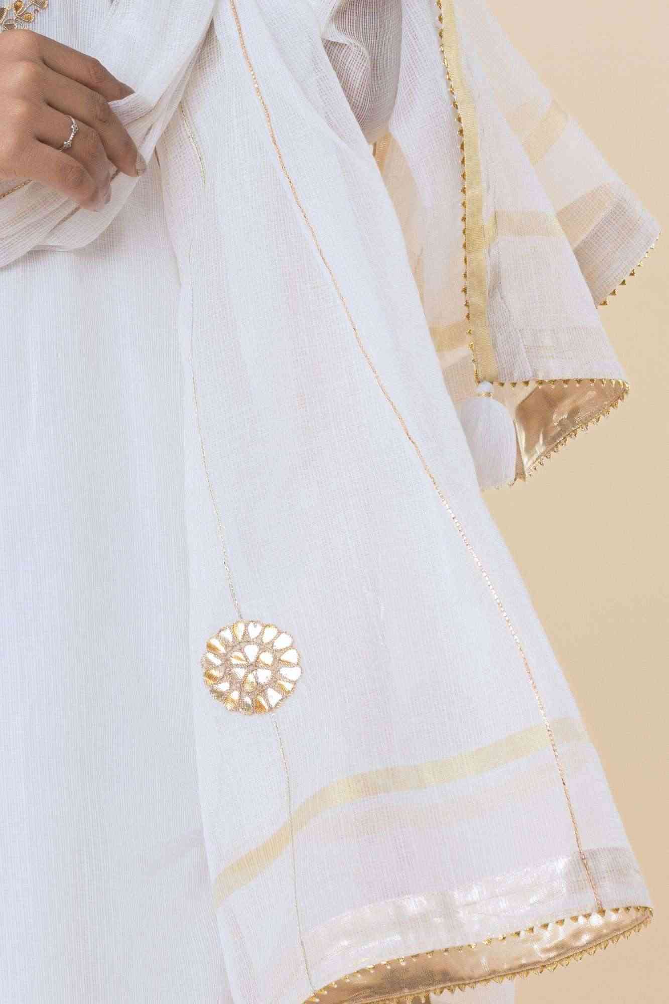 White Kota Doria Gota Patti Kurta Set
