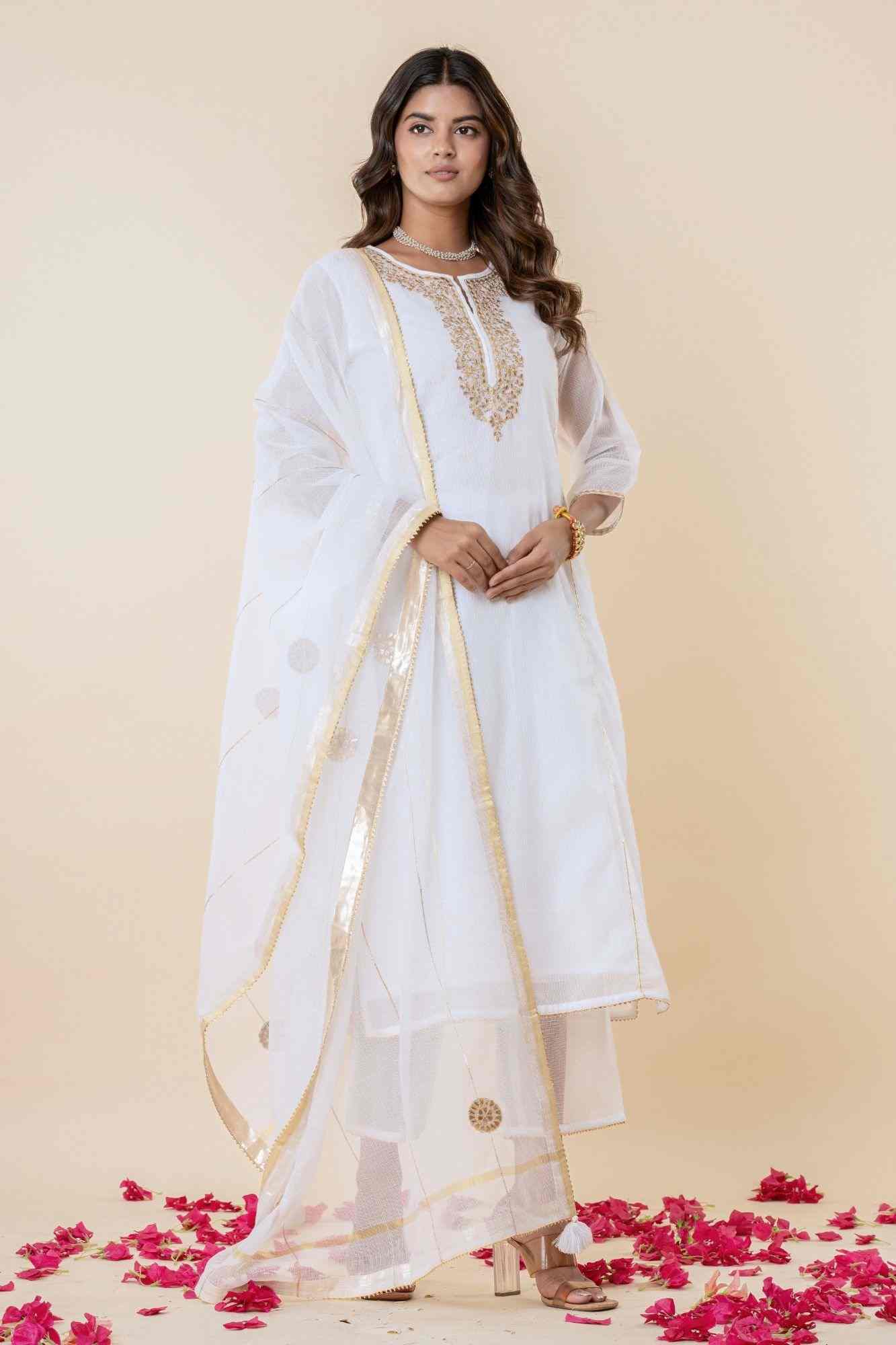 White Kota Doria Gota Patti Kurta Set