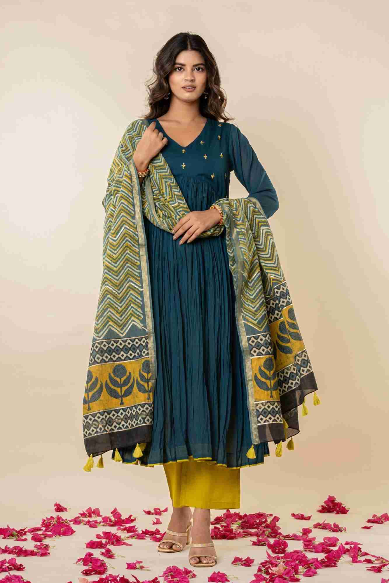Teal Blue Kurti Pant Set with Vanaspati printed Dupatta