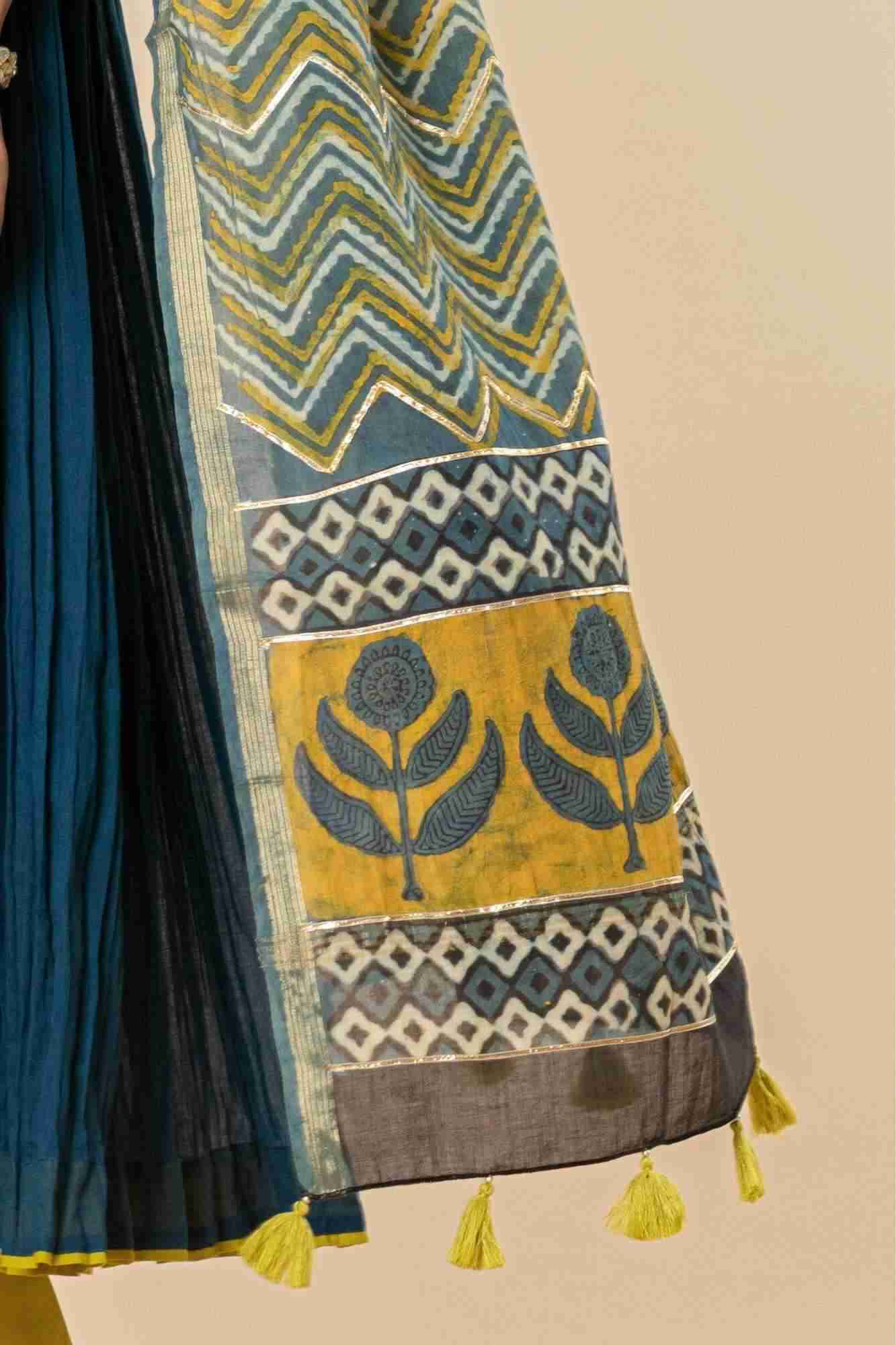 Teal Blue Kurti Pant Set with Vanaspati printed Dupatta