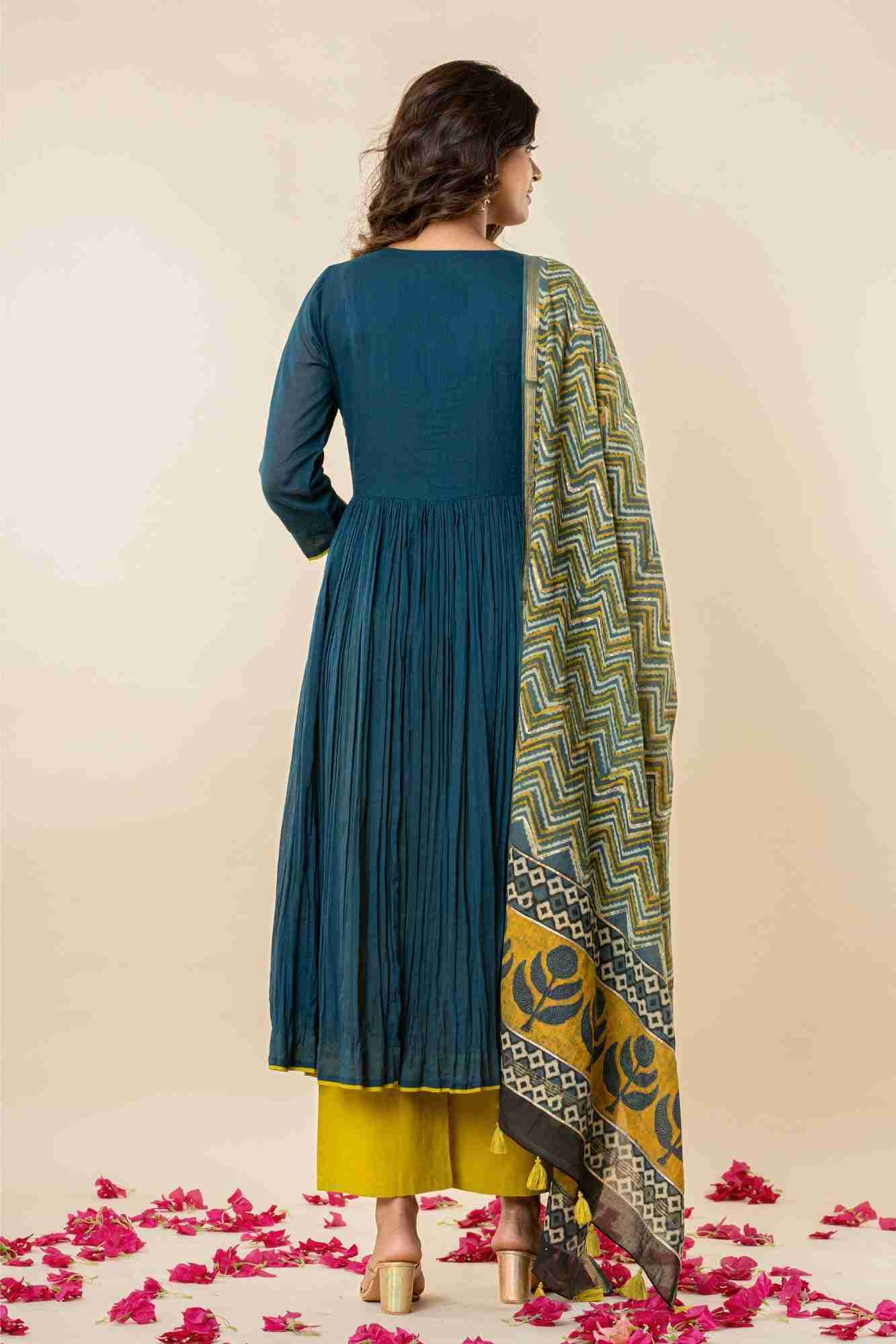 Teal Blue Kurti Pant Set with Vanaspati printed Dupatta