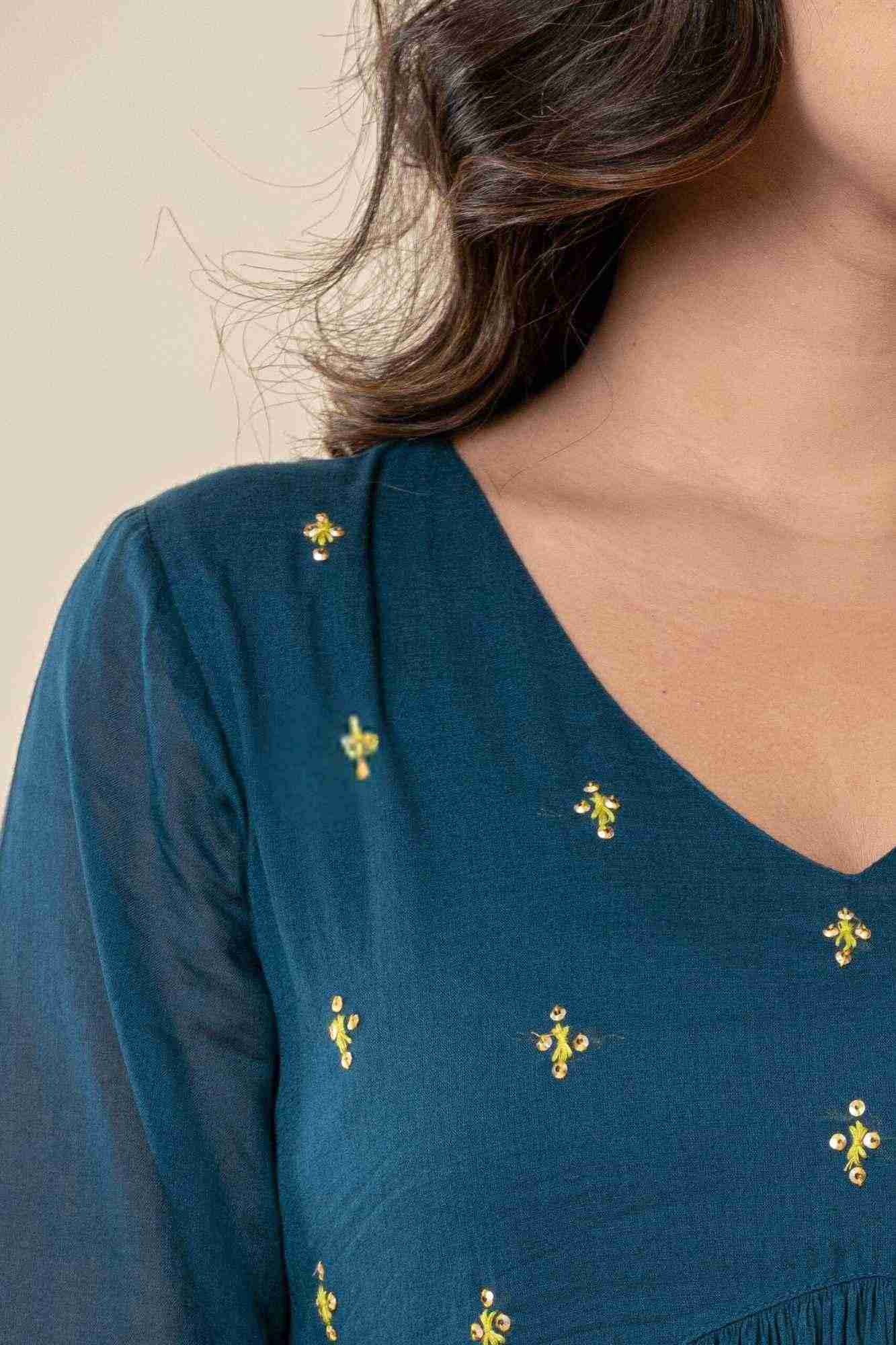 Teal Blue Kurti Pant Set with Vanaspati printed Dupatta
