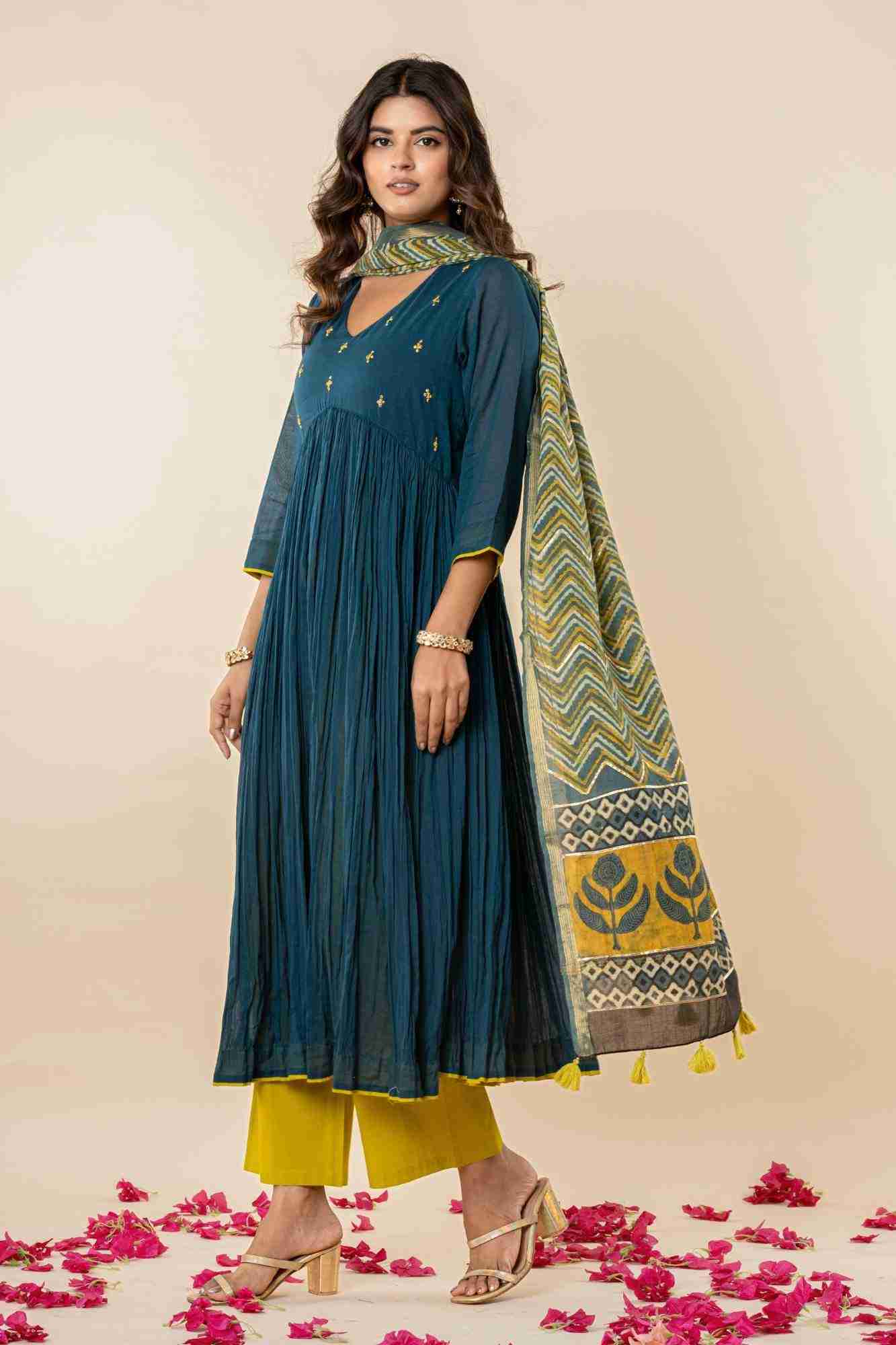 Teal Blue Kurti Pant Set with Vanaspati printed Dupatta
