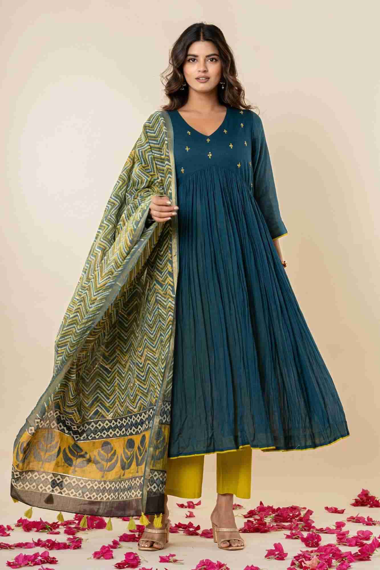 Teal Blue Kurti Pant Set with Vanaspati printed Dupatta