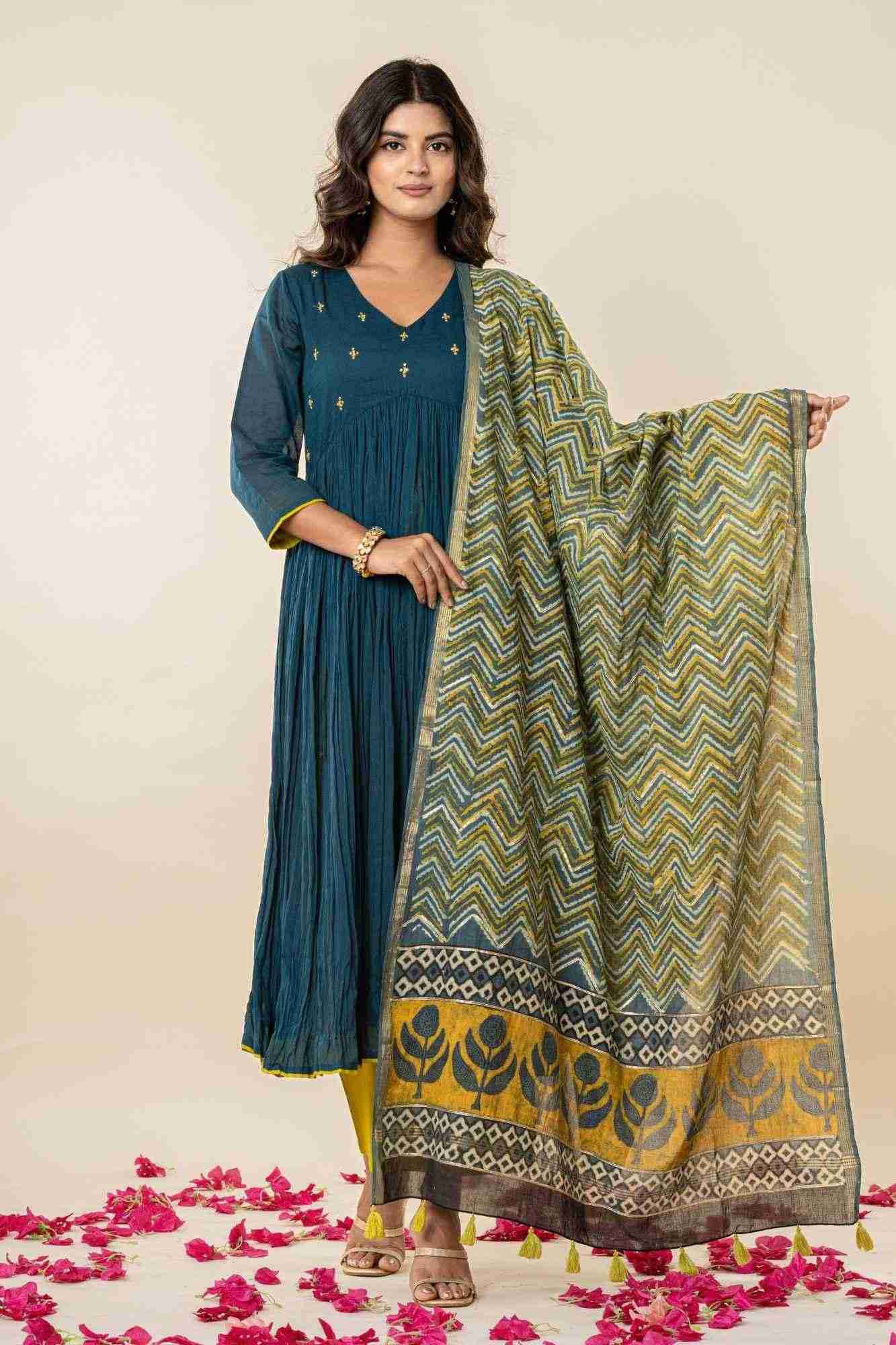 Teal Blue Kurti Pant Set with Vanaspati printed Dupatta