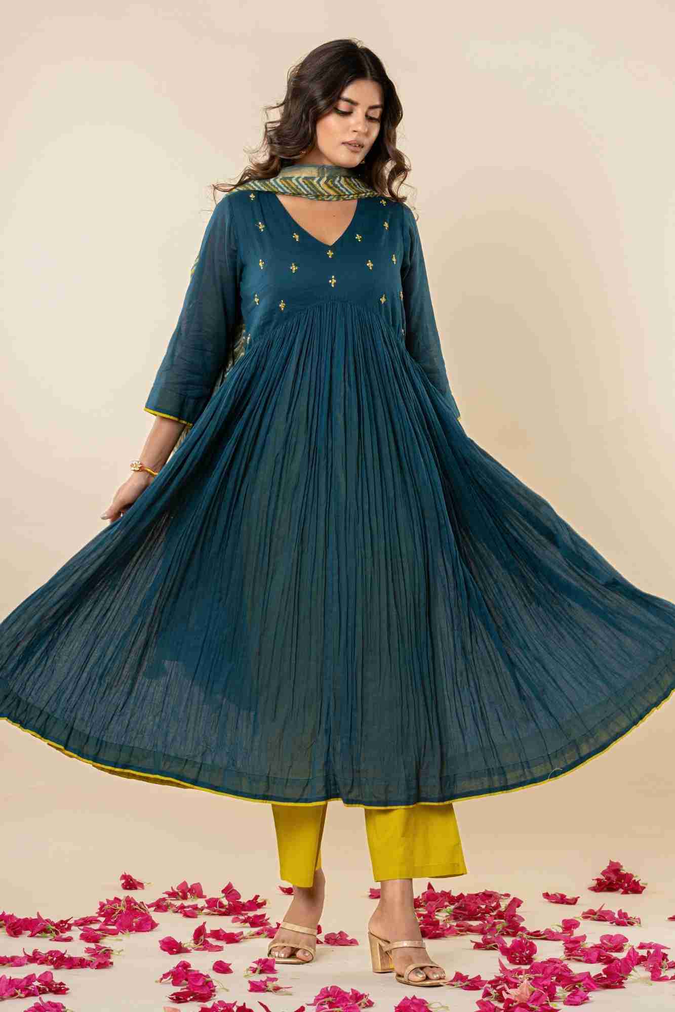 Teal Blue Kurti Pant Set with Vanaspati printed Dupatta