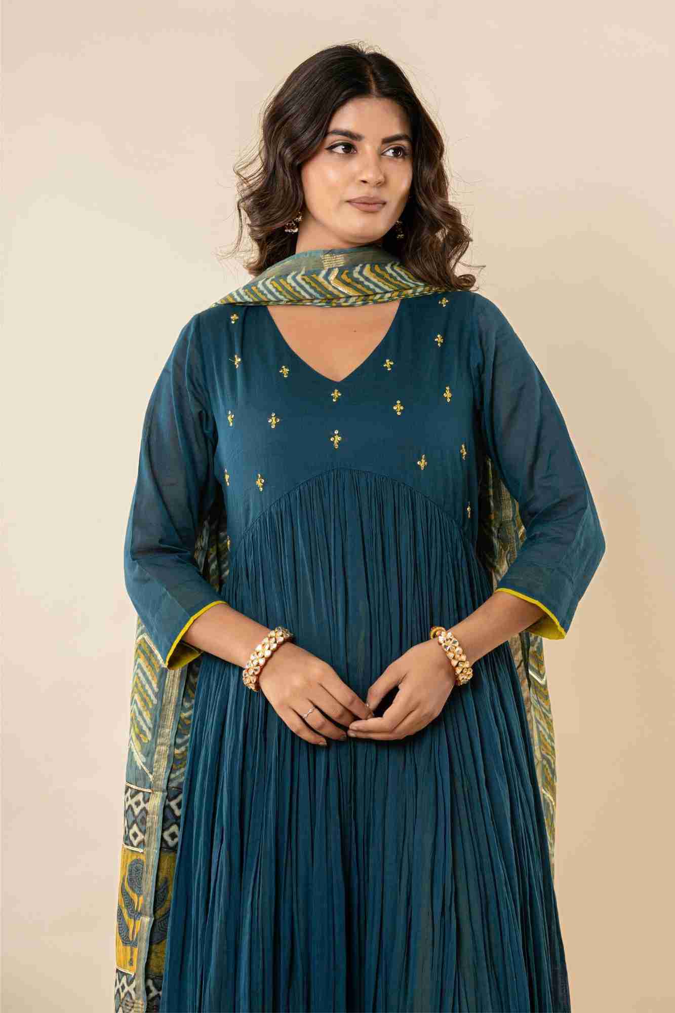 Teal Blue Kurti Pant Set with Vanaspati printed Dupatta