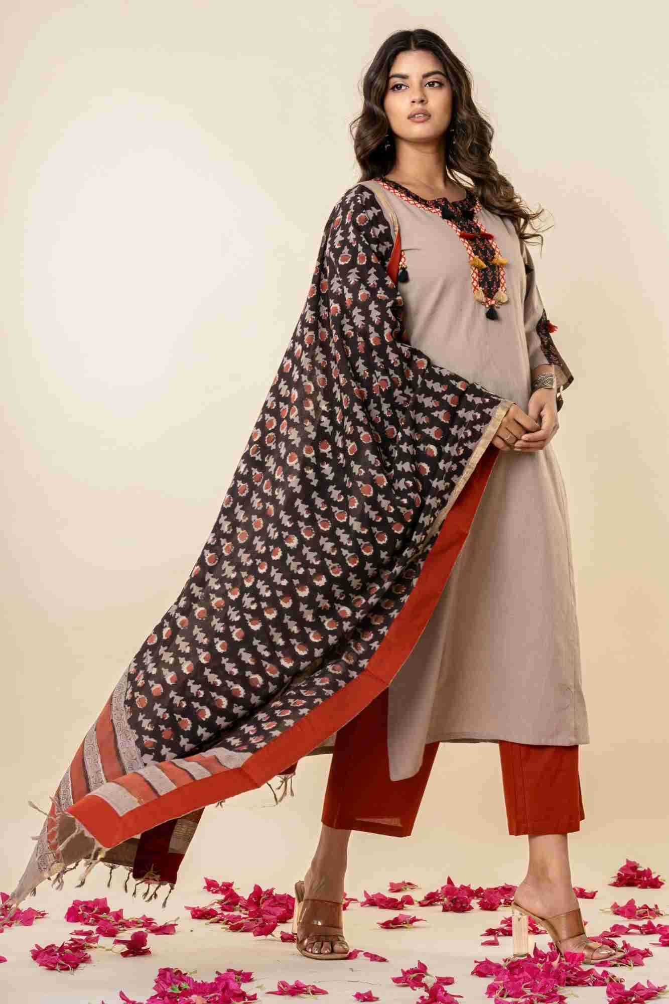 Taupe Cotton Kurta Set with Printed Dupatta