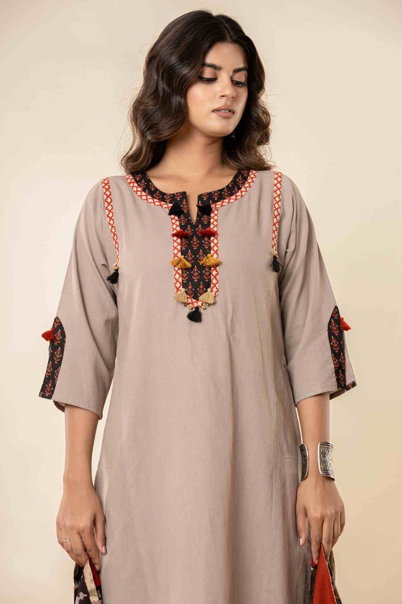 Taupe Cotton Kurta Set with Printed Dupatta