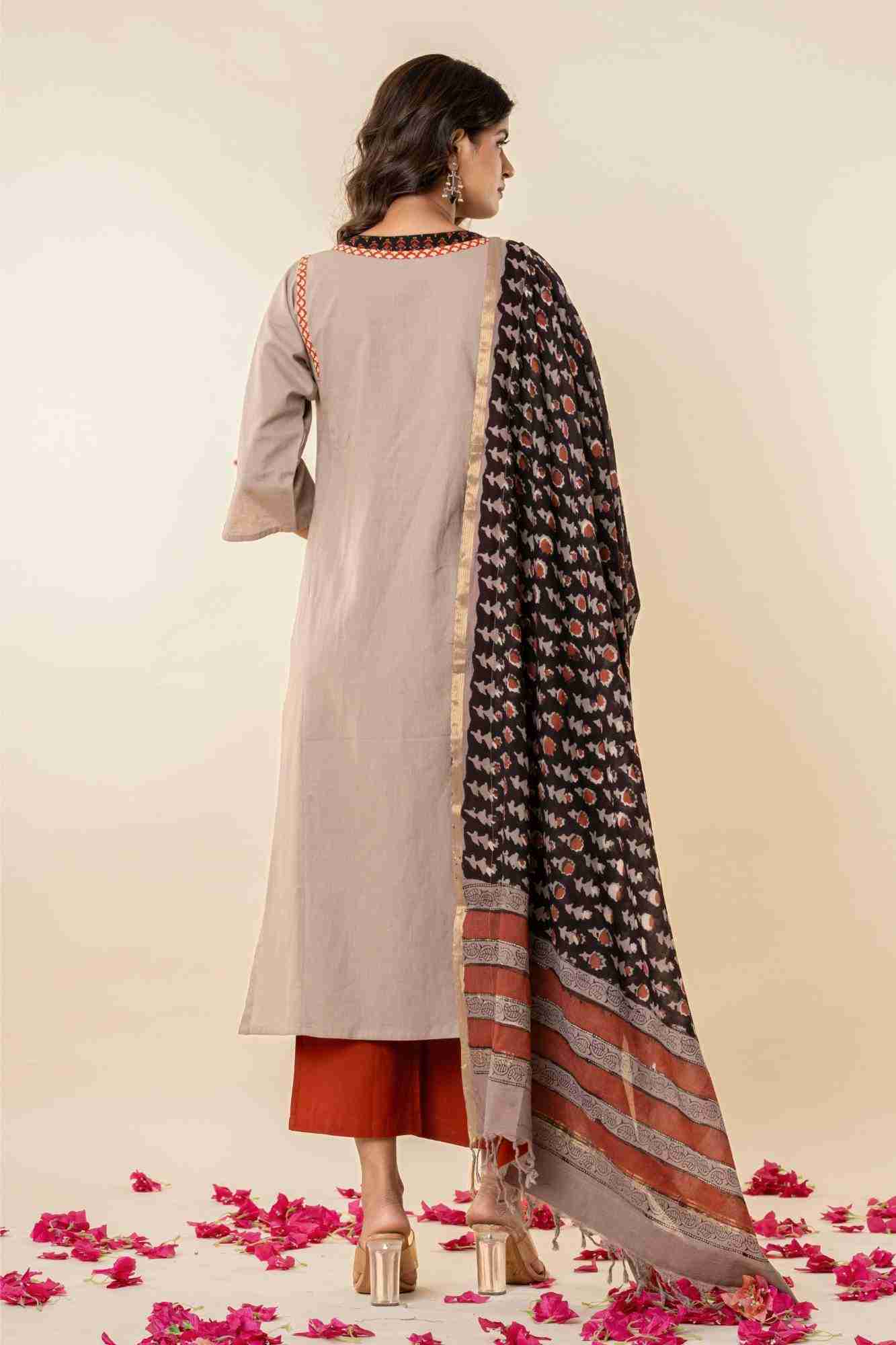 Taupe Cotton Kurta Set with Printed Dupatta