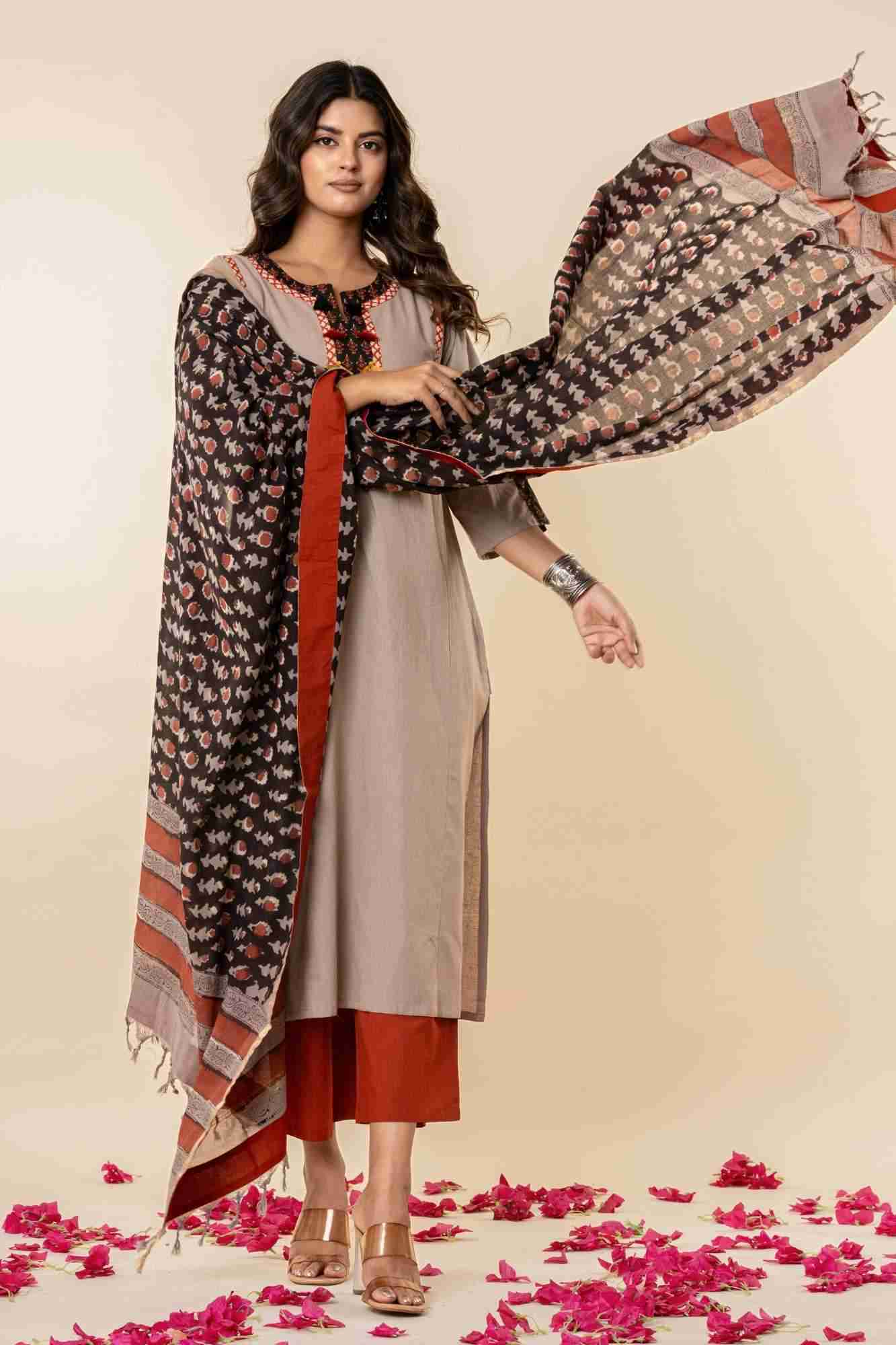 Taupe Cotton Kurta Set with Printed Dupatta
