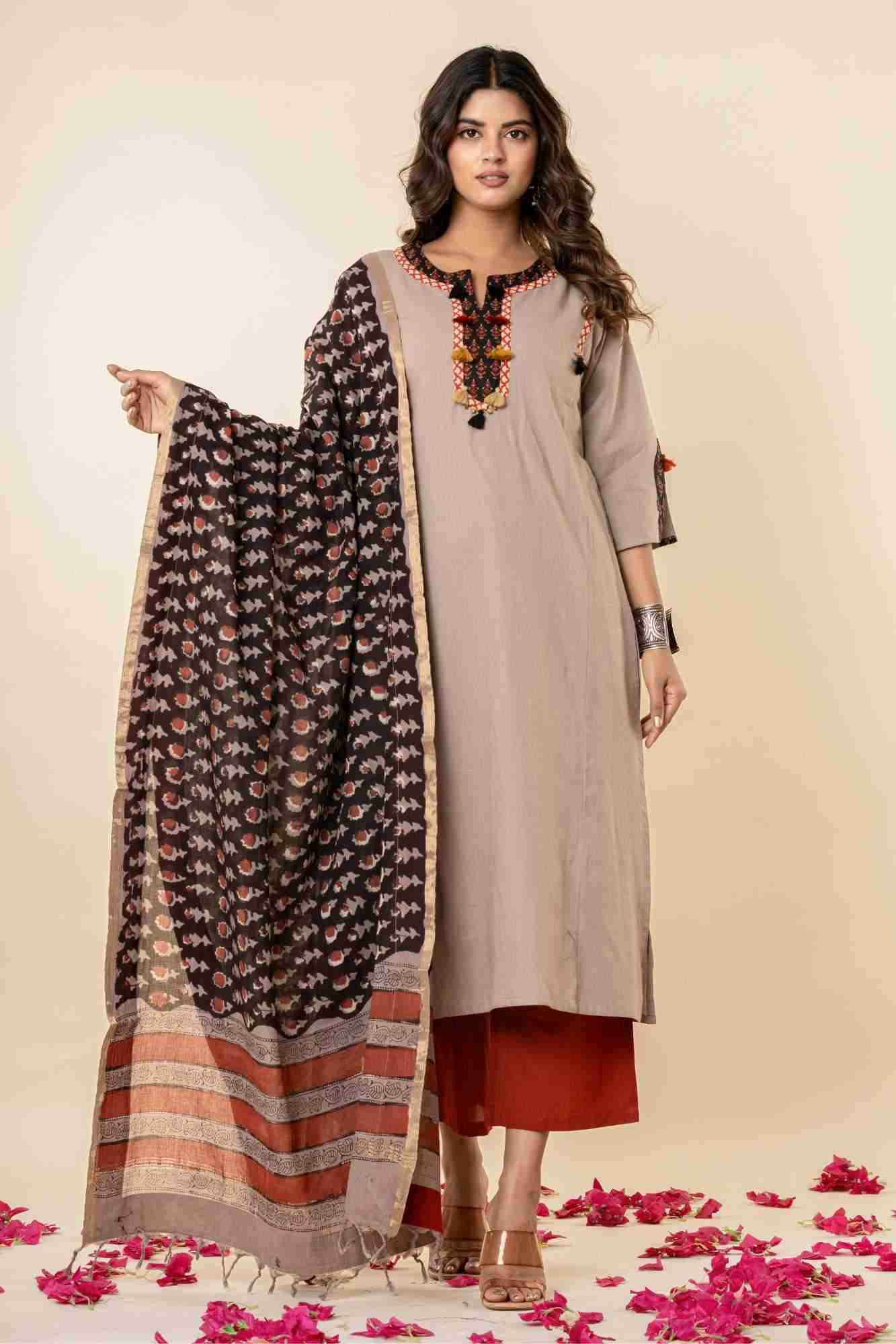 Taupe Cotton Kurta Set with Printed Dupatta